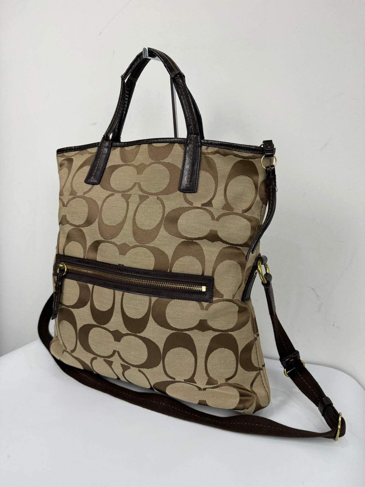 Vintage Coach Signature Stripe Fold over Tote Bag Brown/Beige Shoulder Bag Y2K