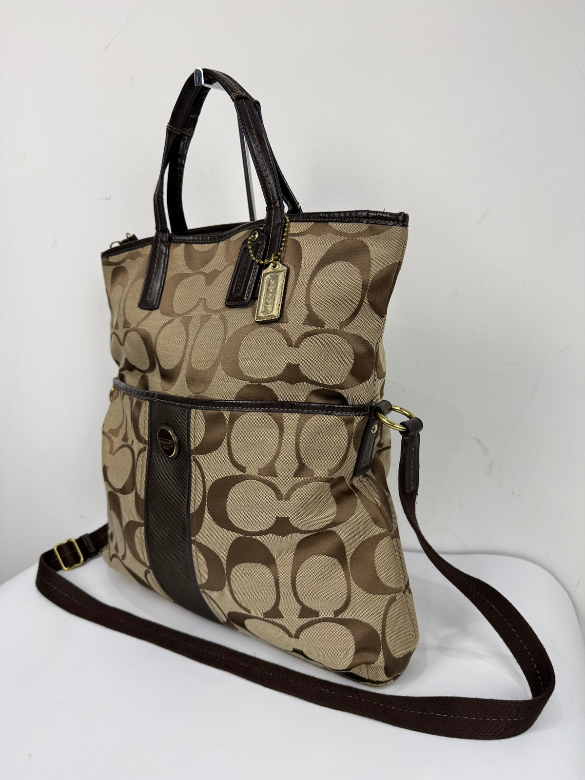 Vintage Coach Signature Stripe Fold over Tote Bag Brown/Beige Shoulder Bag Y2K