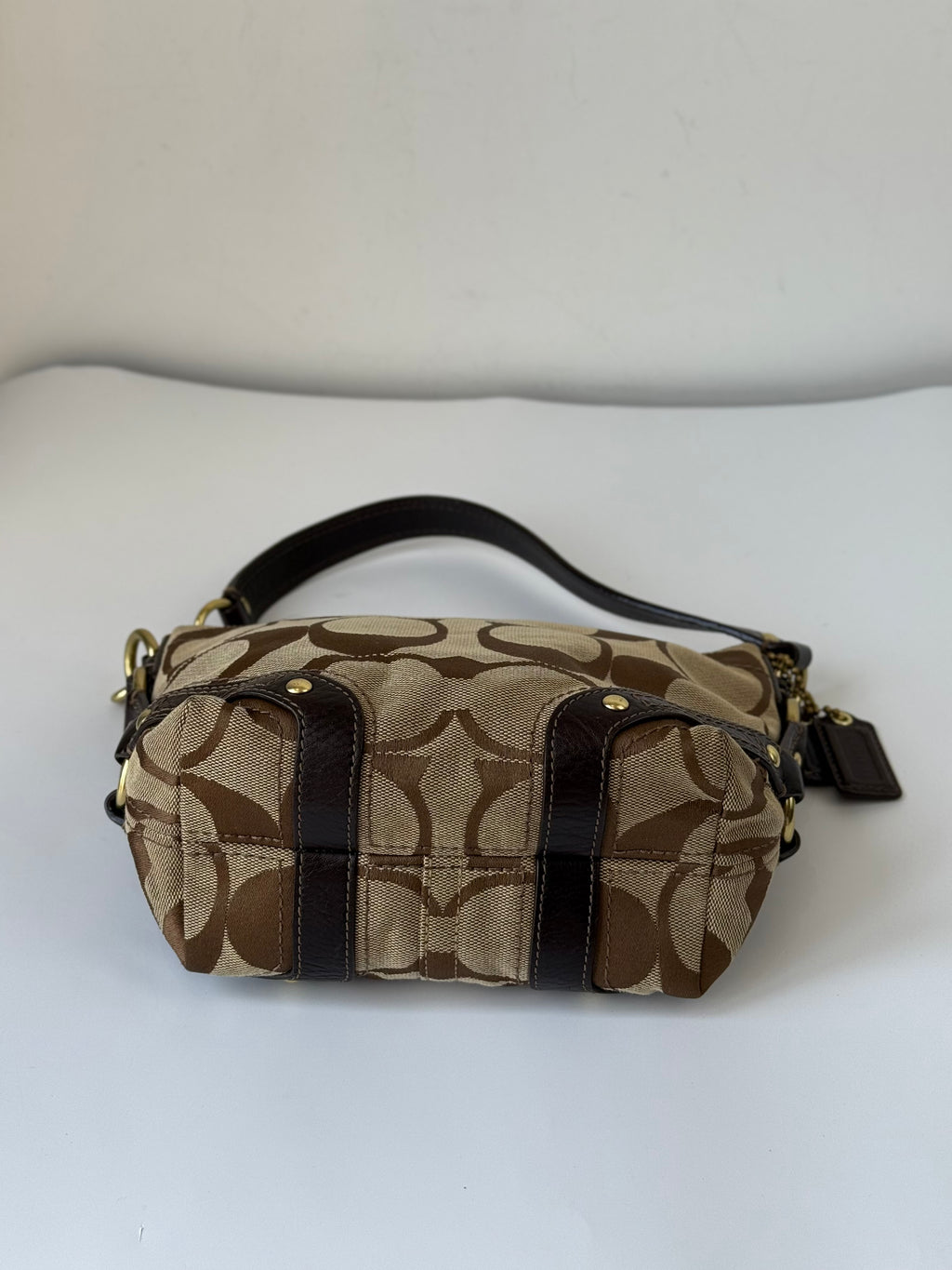 Vintage Coach Mini Carly Shoulder Bag Brown & Beige Signature Hobo Handbag 00s Y2K