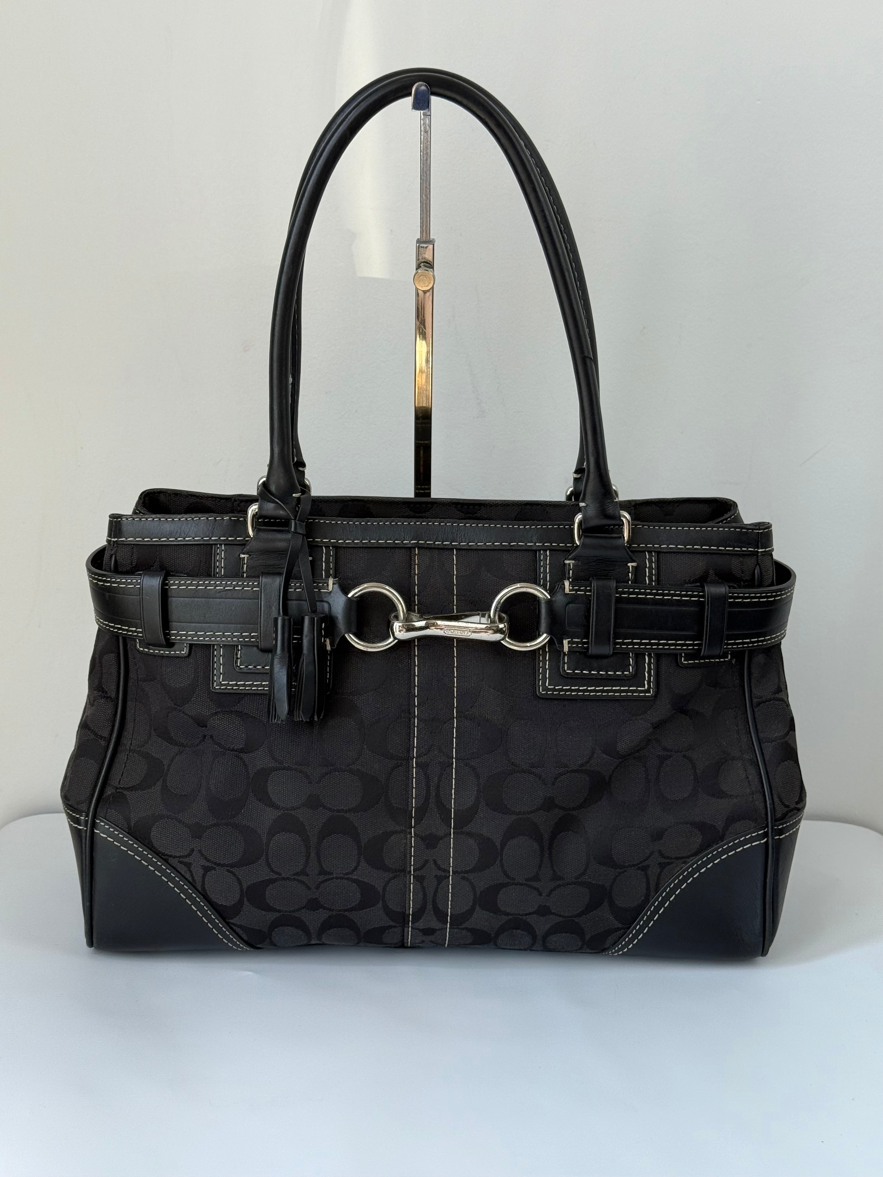 Vintage Coach Hampton Signature Tote Bag Black Coach Canvas HandBag 00s Y2K