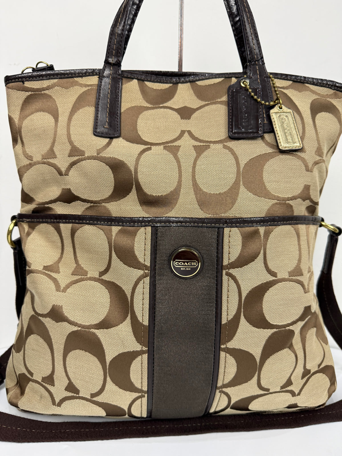 Vintage Coach Signature Stripe Fold over Tote Bag Brown/Beige Shoulder Bag Y2K