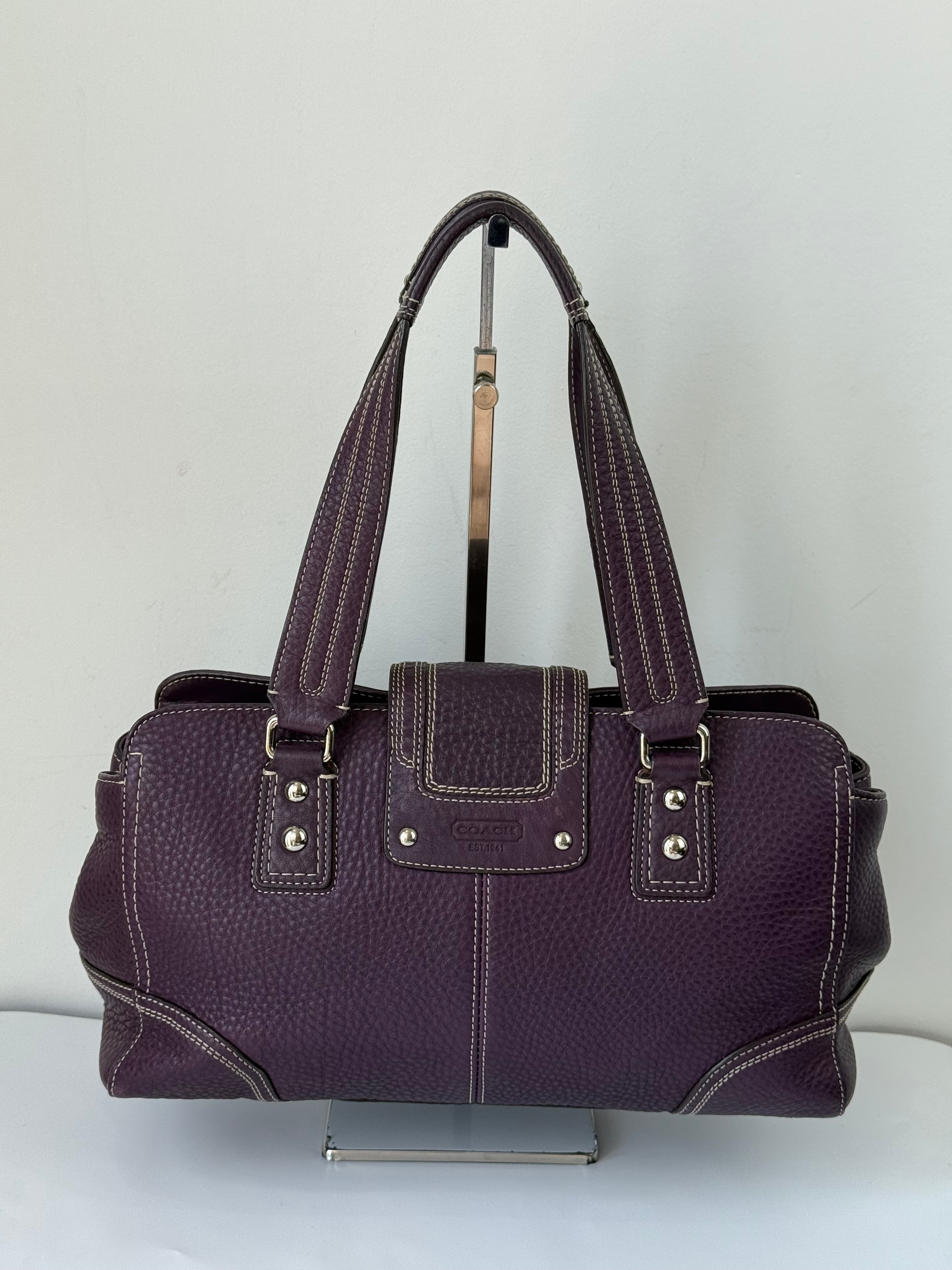 Vintage Coach Hampton Satchel Bag Purple Pebble Leather Shoulder Bag 00s Y2K