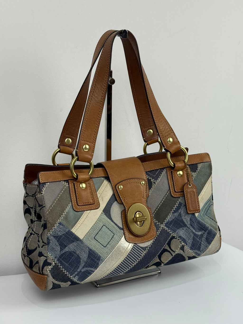 Vintage Coach Blue Denim Patchwork TurnLock HandBag Coach Y2K Leather Bag