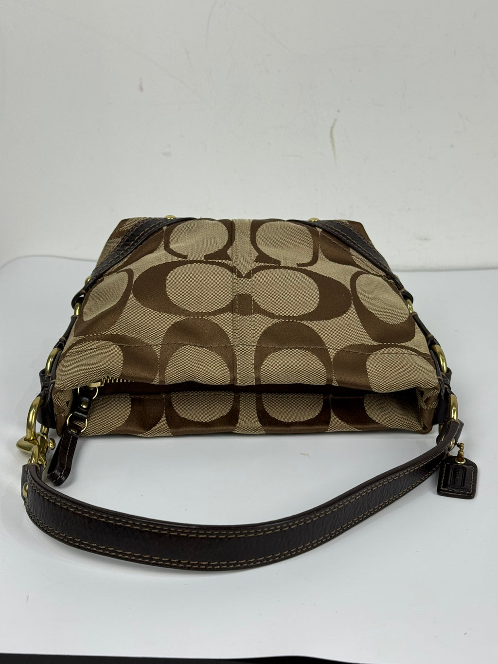 Vintage Coach Mini Carly Shoulder Bag Brown & Beige Signature Hobo Handbag 00s Y2K