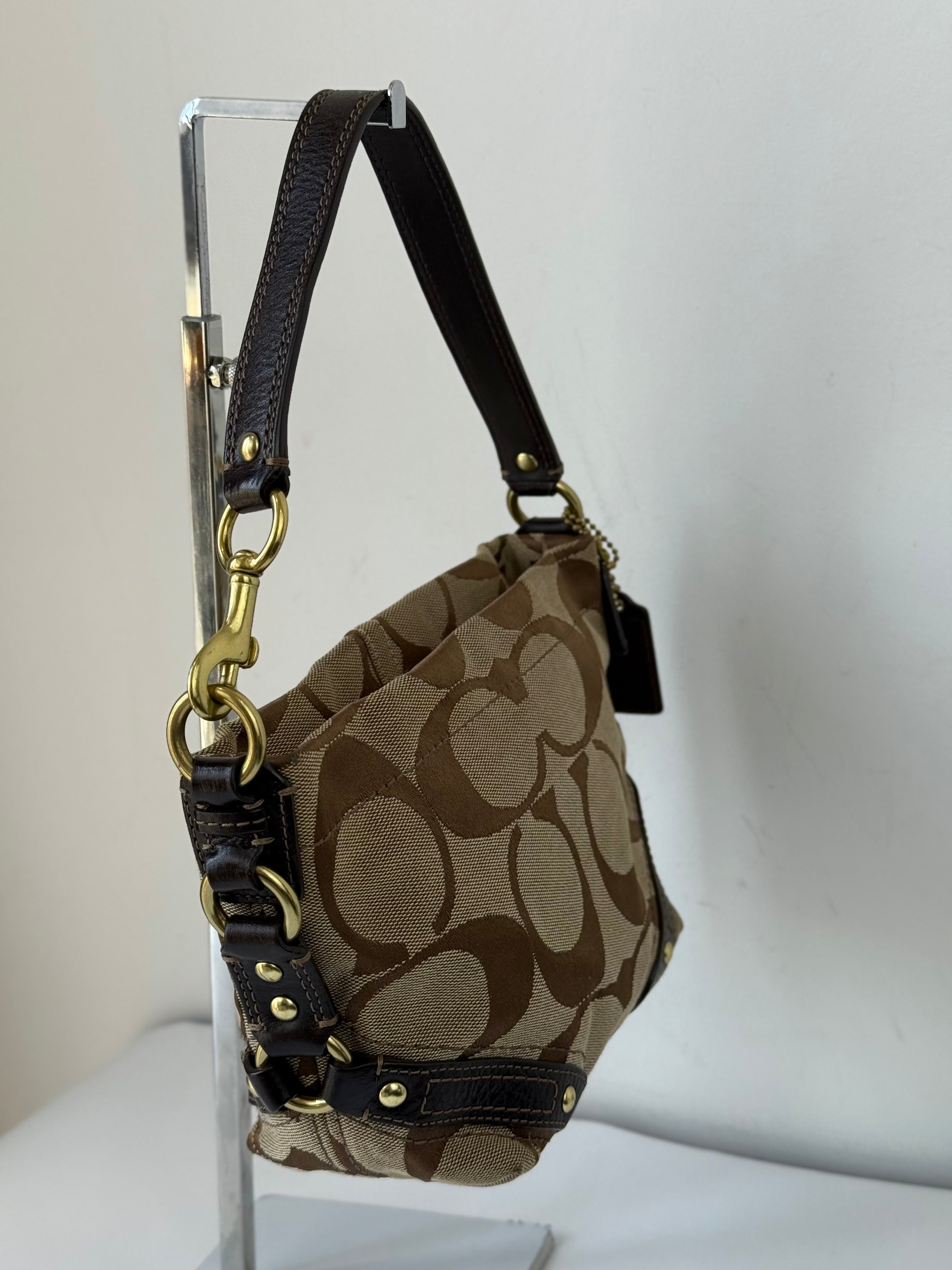 Vintage Coach Mini Carly Shoulder Bag Brown & Beige Signature Hobo Handbag 00s Y2K