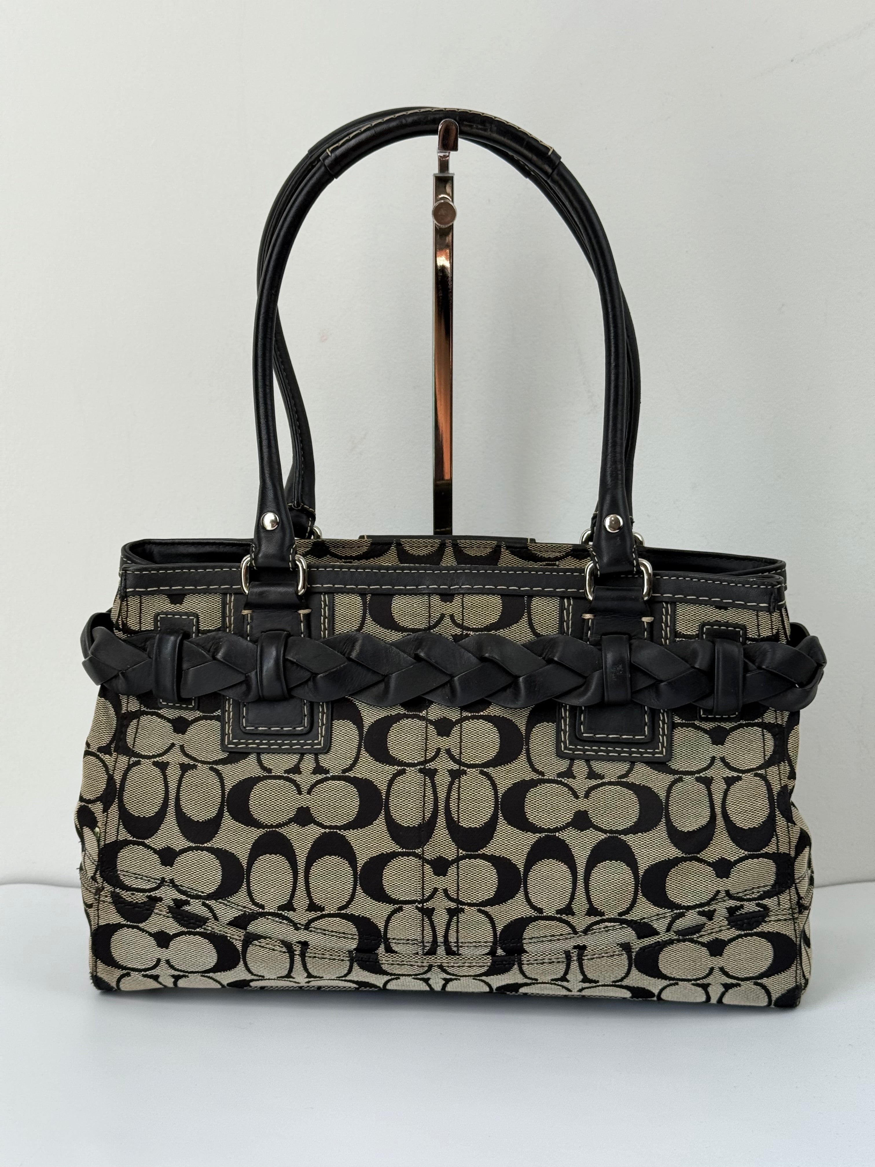 Vintage Coach Hampton Signature Tote Bag Grey and Black Coach Canvas HandBag 00s Y2K