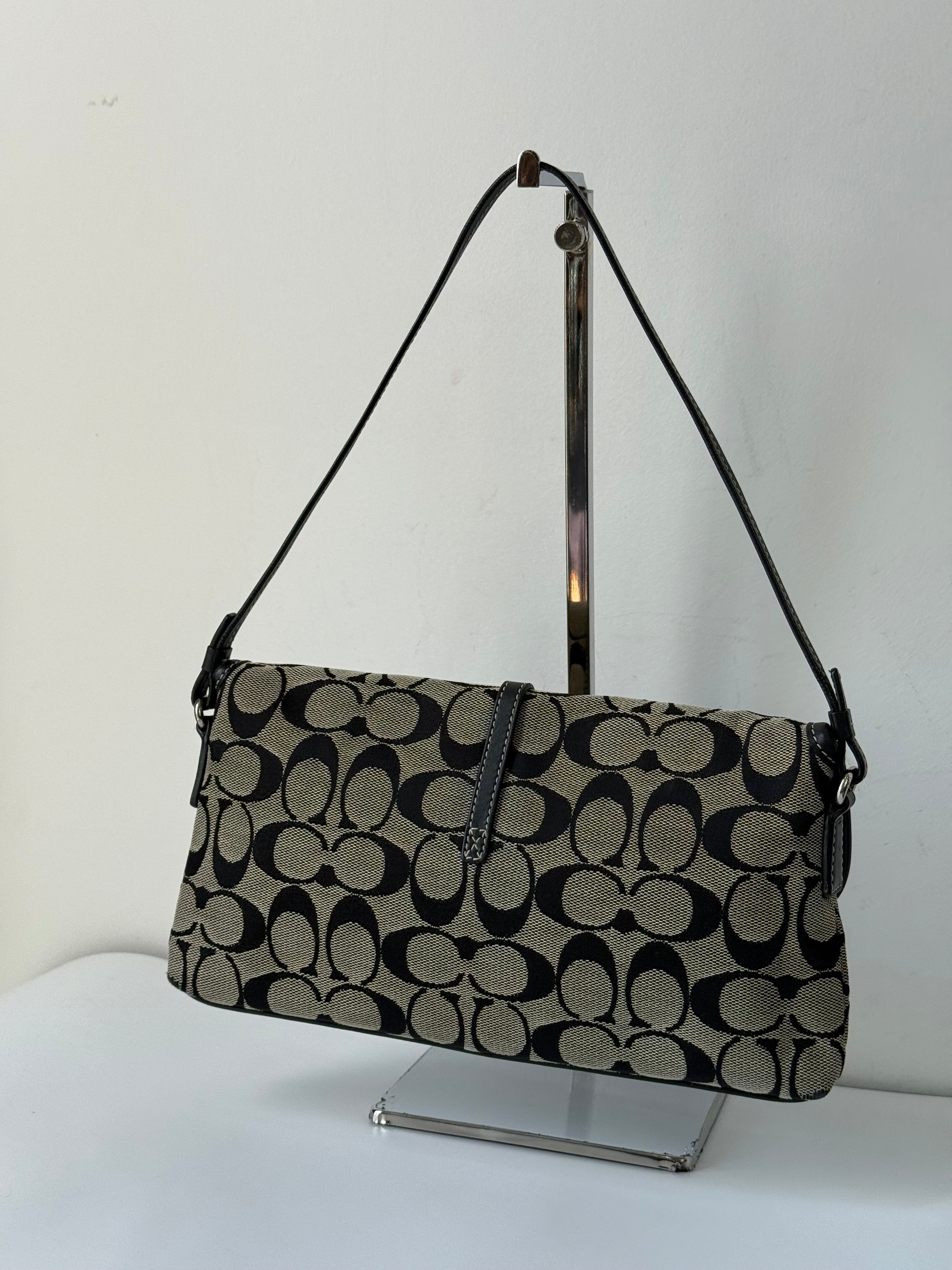 Vintage Coach Demi Clip Bag Grey and Black Signature Canvas Shoulder Bag Y2K