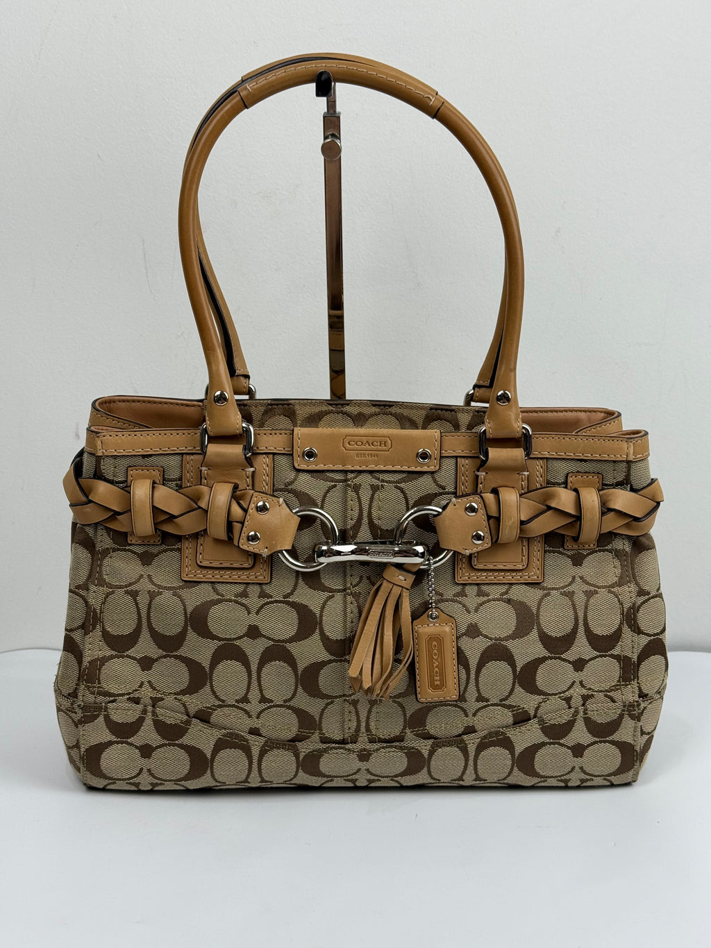 Vintage Coach Hampton Brown/Beige Signature Canvas HandBag Braided Leather 00s Y2K