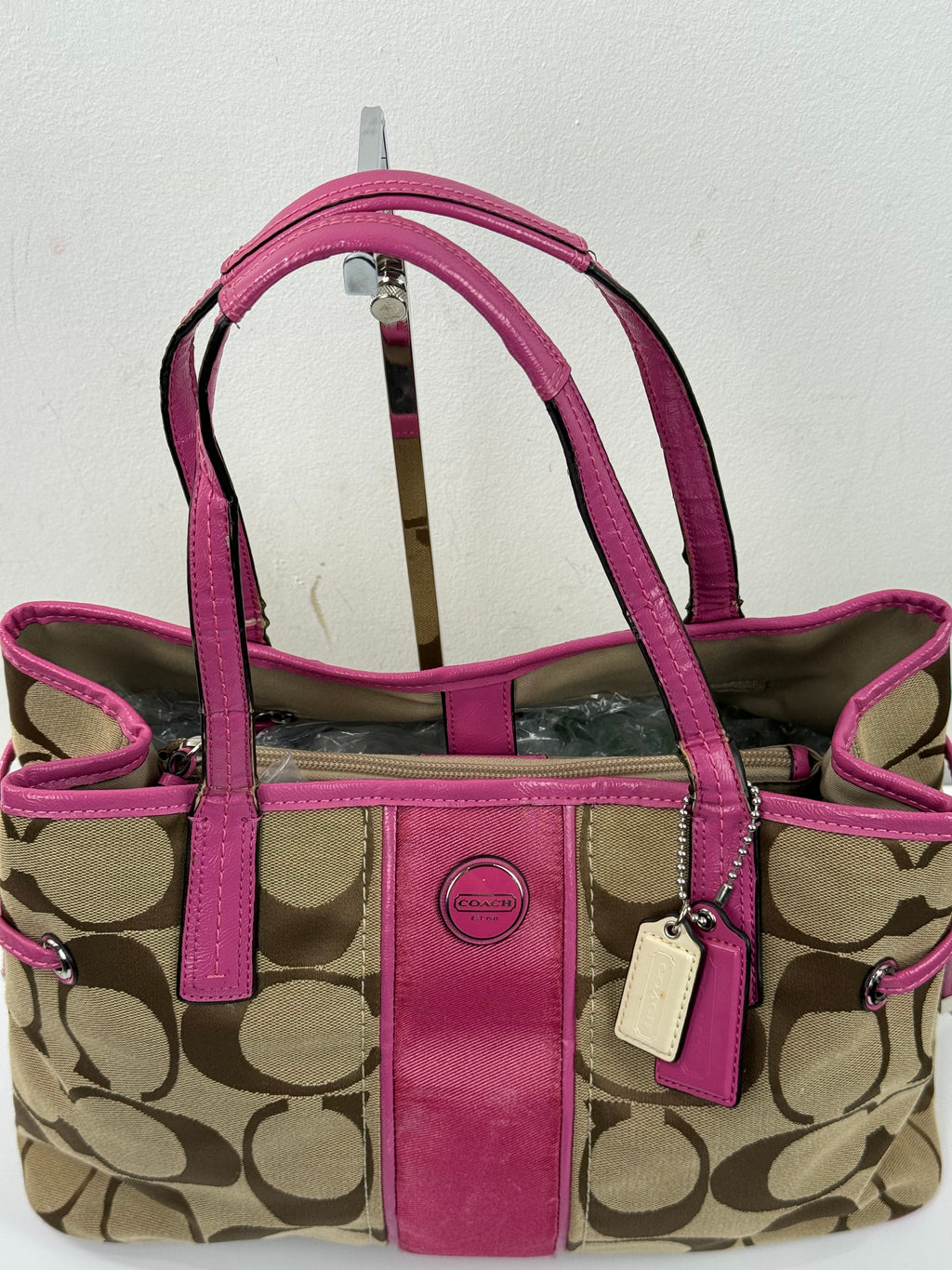 Vintage Coach Signature Stripe Carryall Tote Bag Beige Brown Coach Canvas with Pink Leather HandBag 00s Y2K