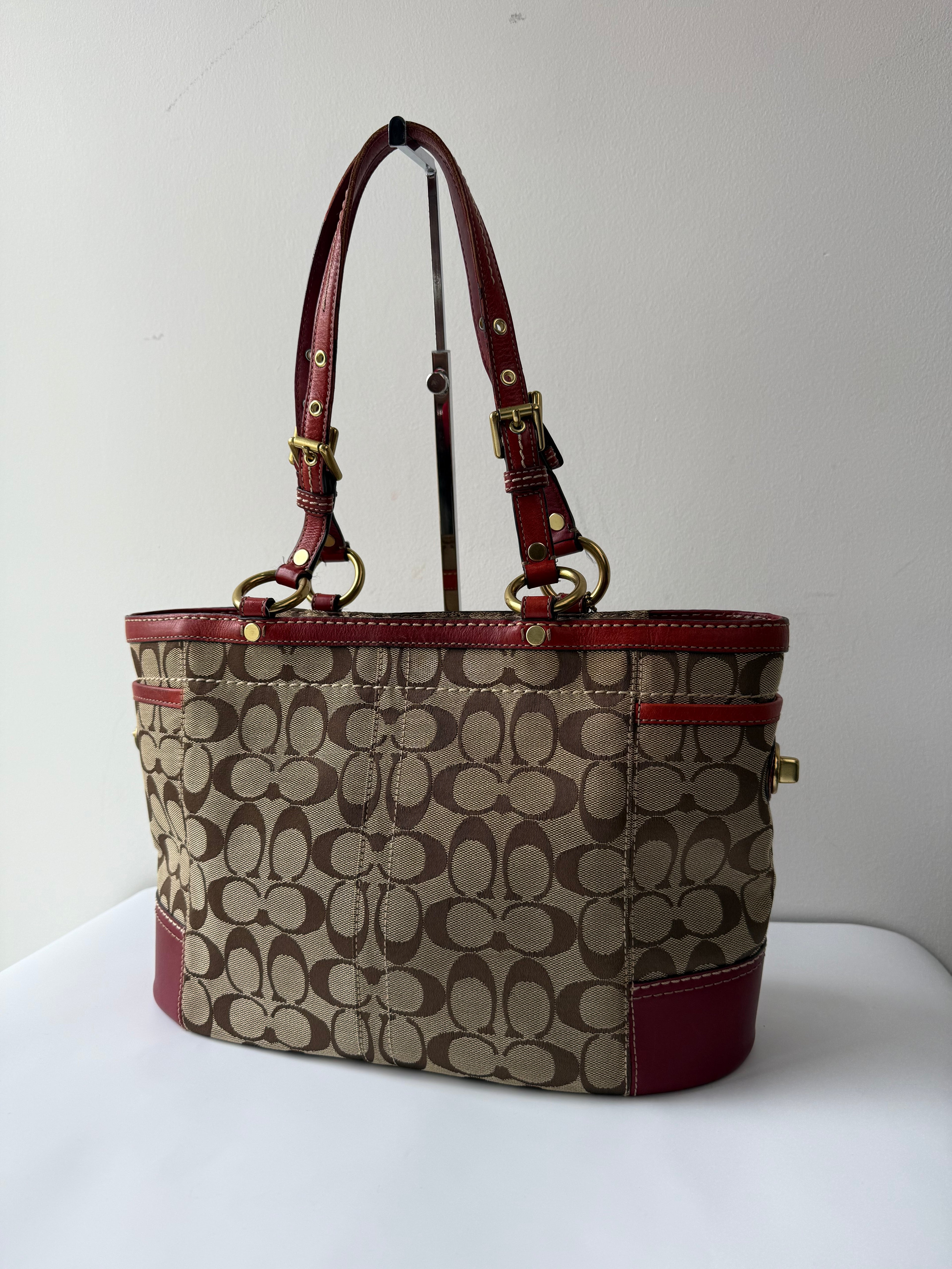 Vintage Coach Gallery Tote Bag Beige Brown Signature Red Leather Shoulder Bag