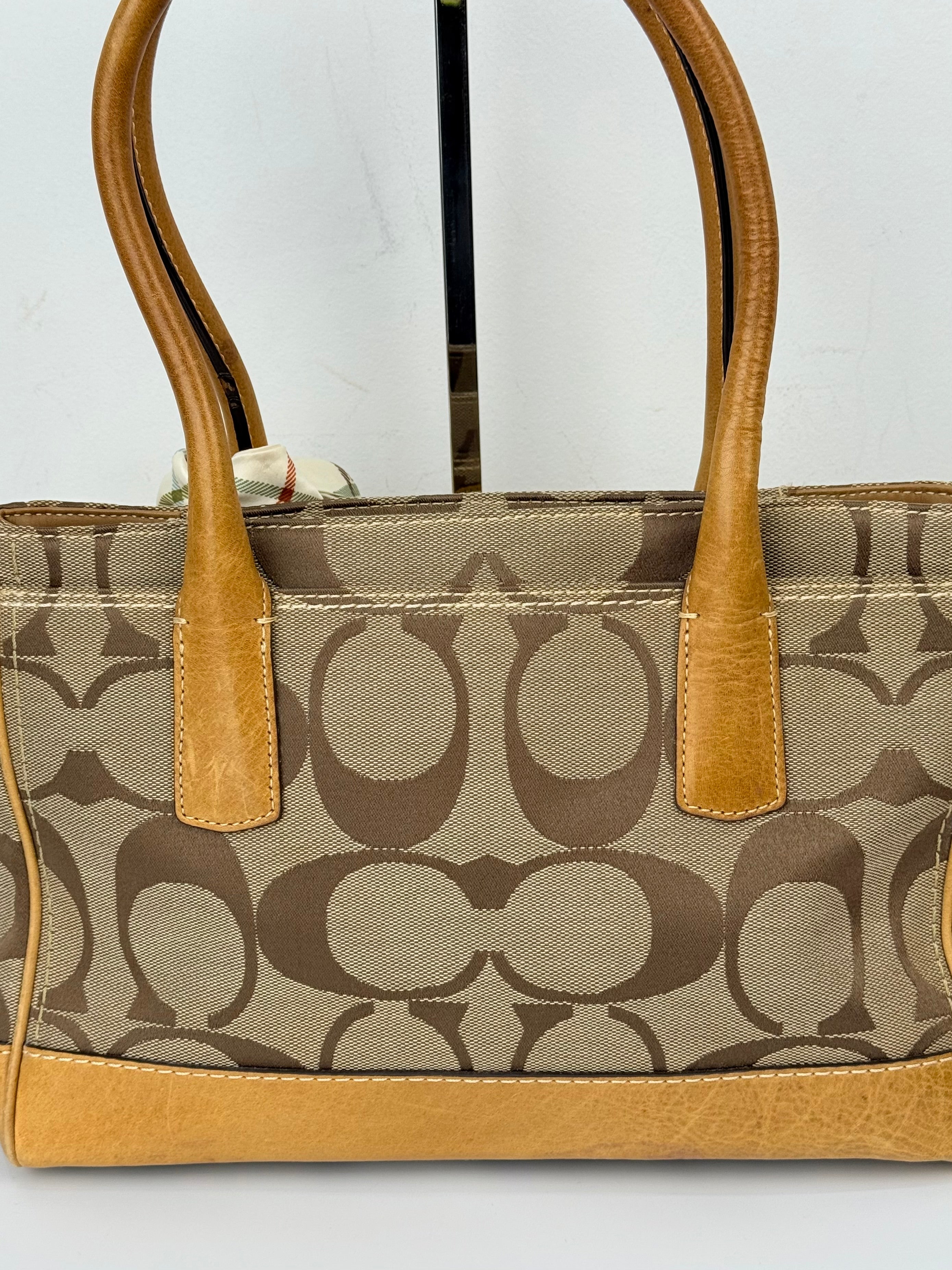 Vintage Coach Hampton Tote Bag Brown and Tan Coach Signature Monogram HandBag with Scarf 90s 00s Y2K Shoulder Bag
