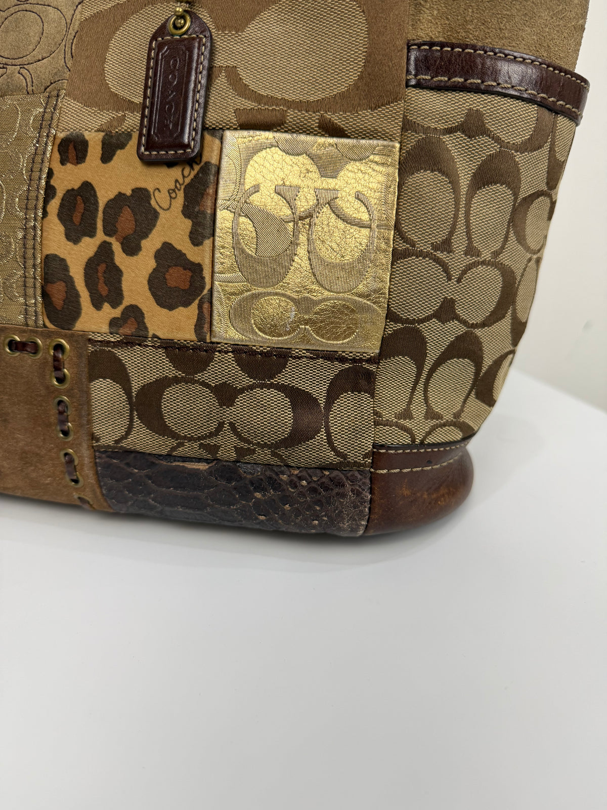 Vintage Coach Patchwork Shoulder Bag Brown Signature Canvas Handbag 00s Y2K
