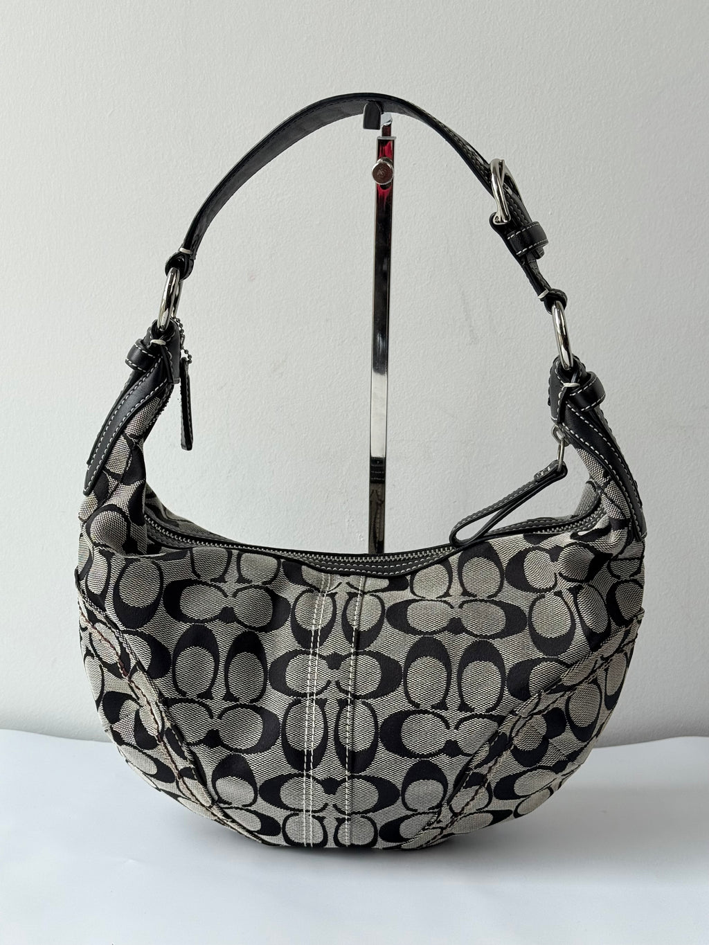 Vintage Coach Signature Hobo Bag Grey Black Canvas Leather Shoulder Bag 00s Y2K