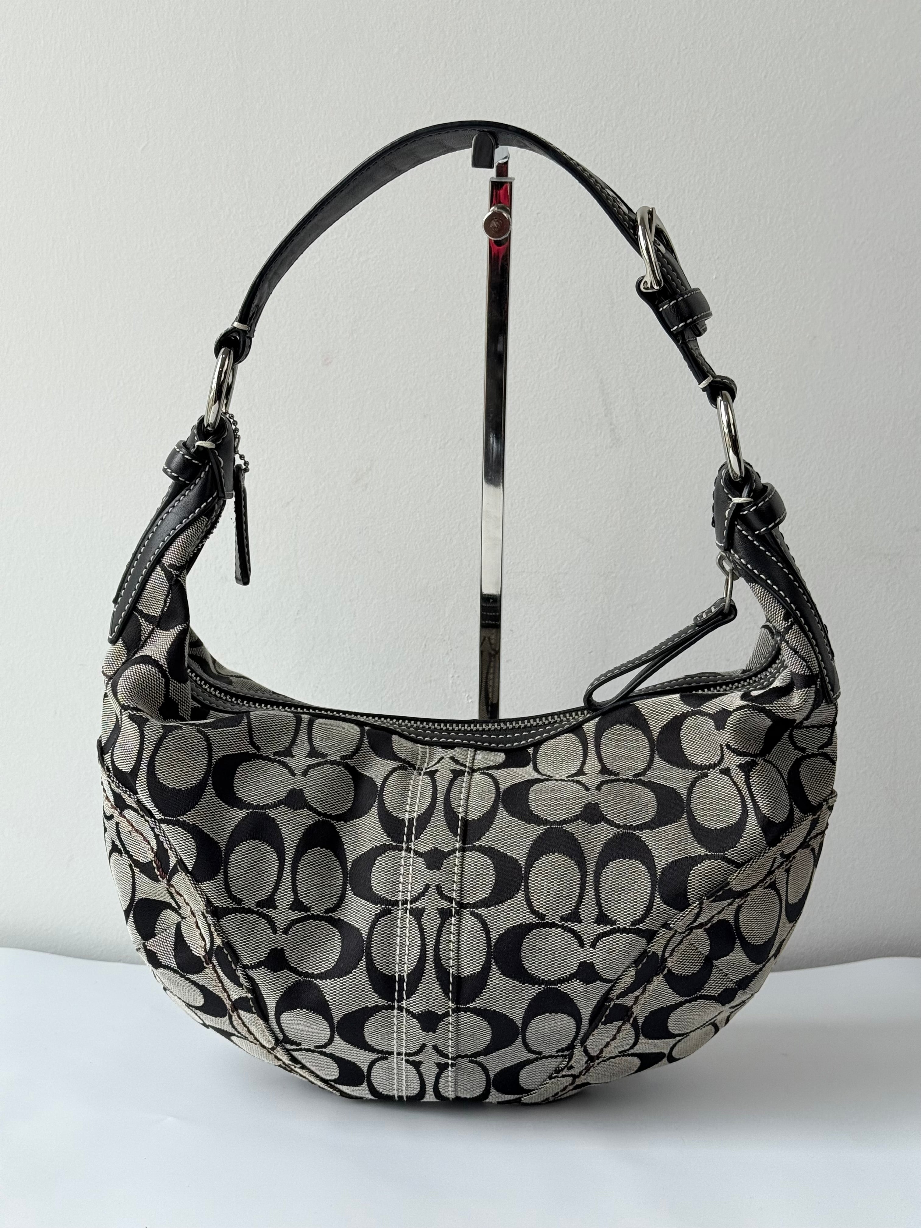 Vintage Coach Signature Hobo Bag Grey Black Canvas Leather Shoulder Bag 00s Y2K