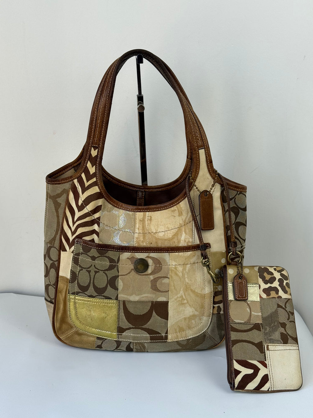 Vintage Coach Ergo Patchwork Tote Bag Bag Brown Signature Canvas Handbag with Coin Purse 00s Y2K