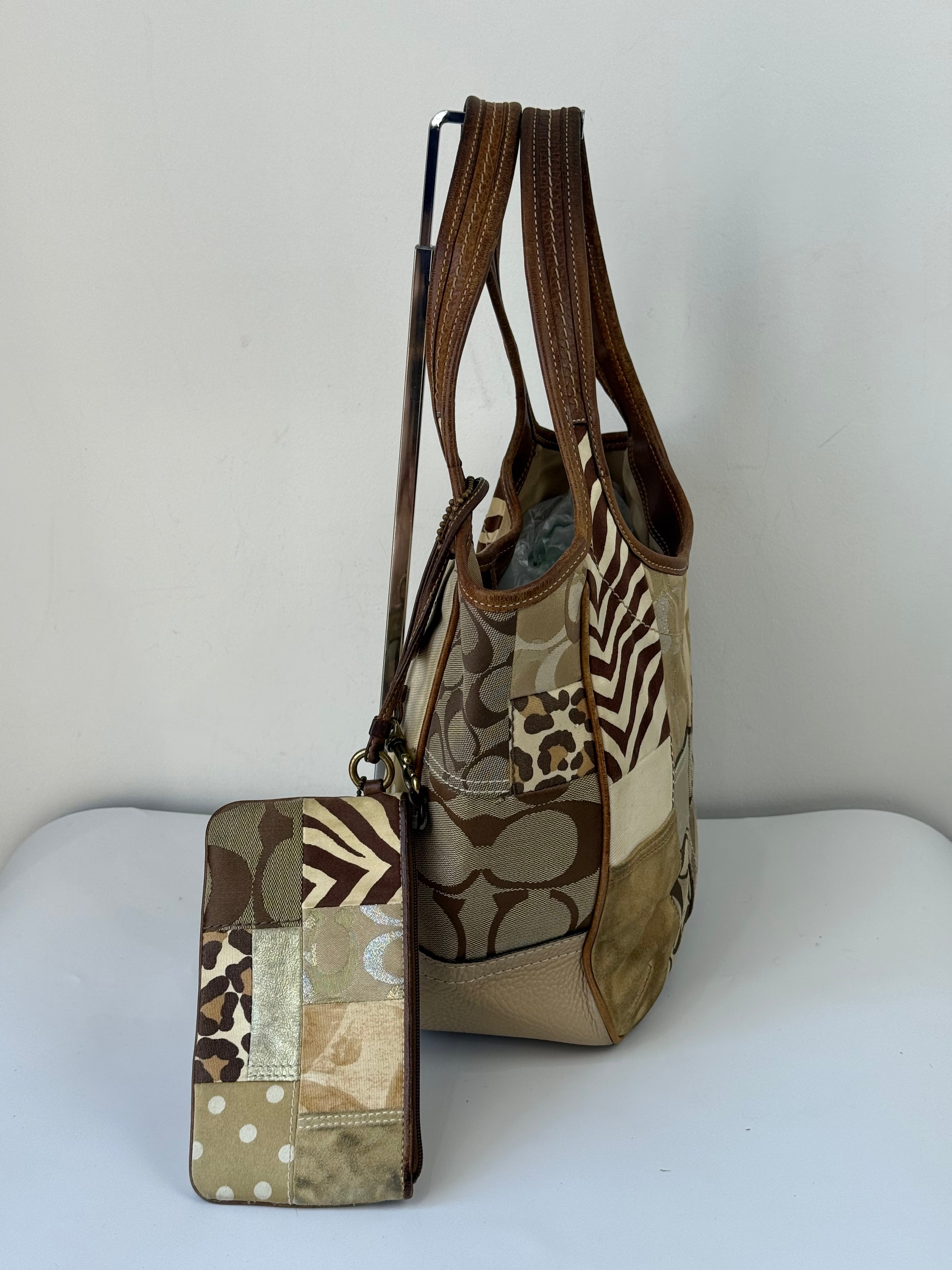 Vintage Coach Ergo Patchwork Tote Bag Bag Brown Signature Canvas Handbag with Coin Purse 00s Y2K