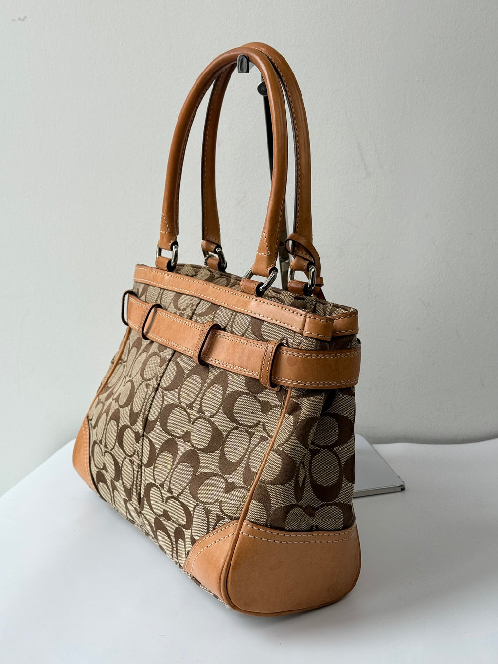 Vintage Coach Hampton Tote Bag Brown & Tan Coach Signature Monogram HandBag 00s Y2K