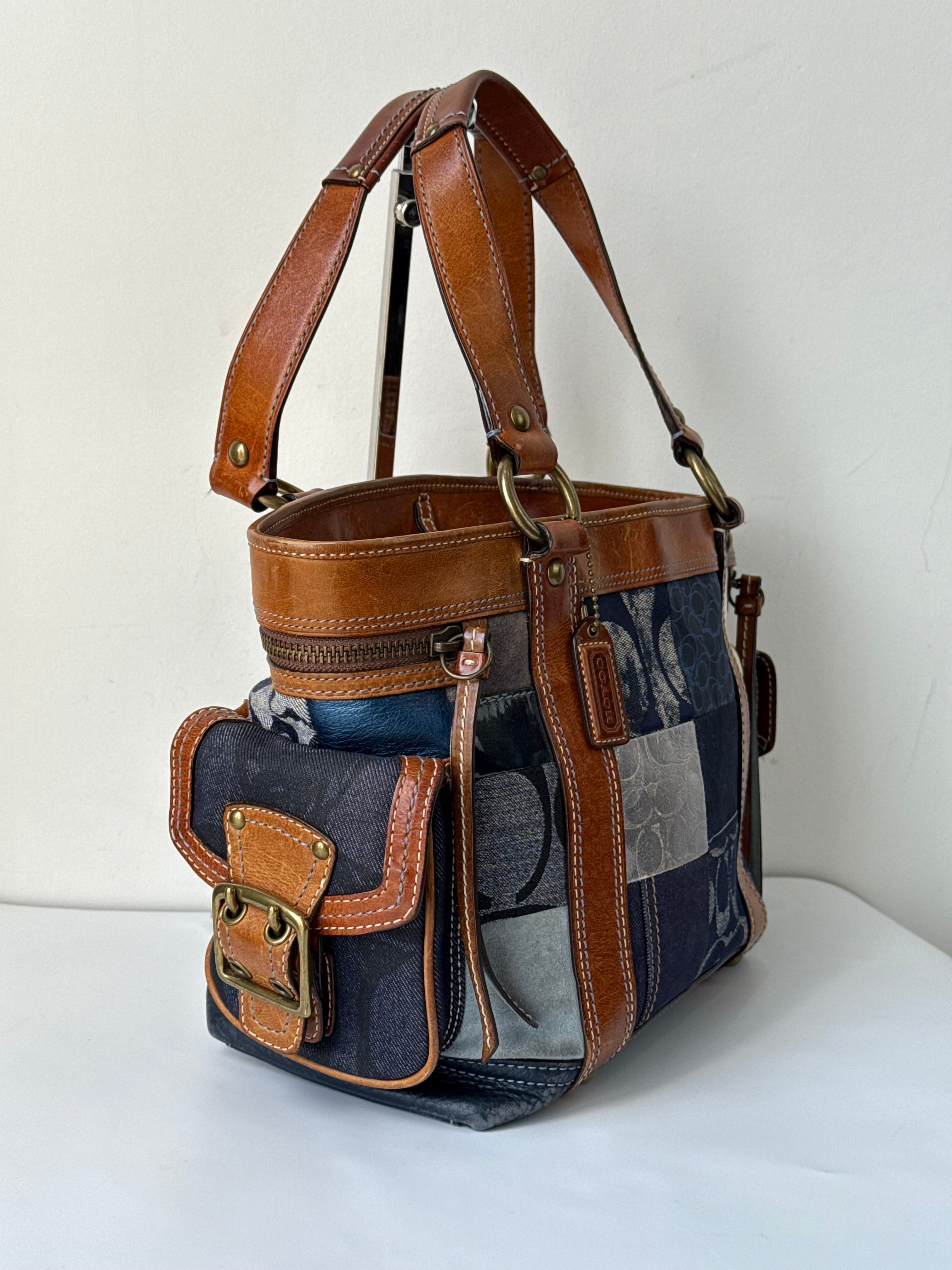 Vintage Coach Blue Denim Patchwork Tote Bag Coach Signature Leather Handbag 00s Y2K