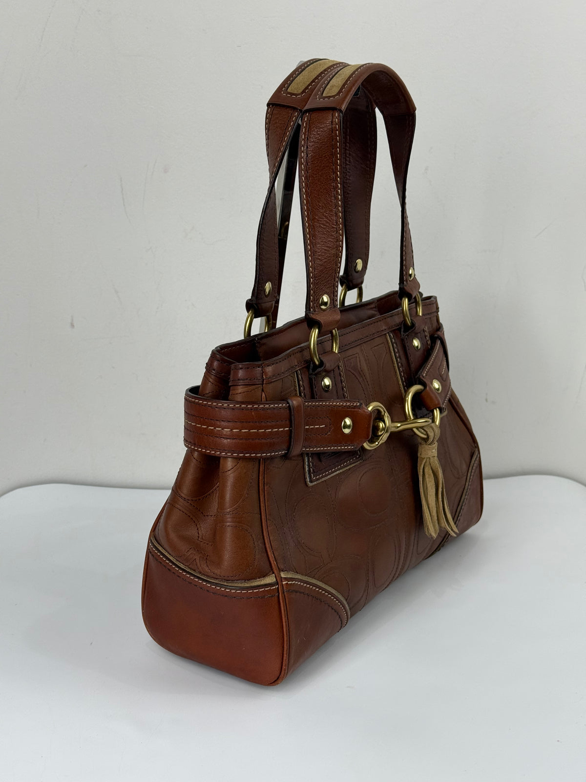 Vintage Coach Brown Horsebit Clip Hampton Bag Coach Embossed Leather Handbag 00s Y2K