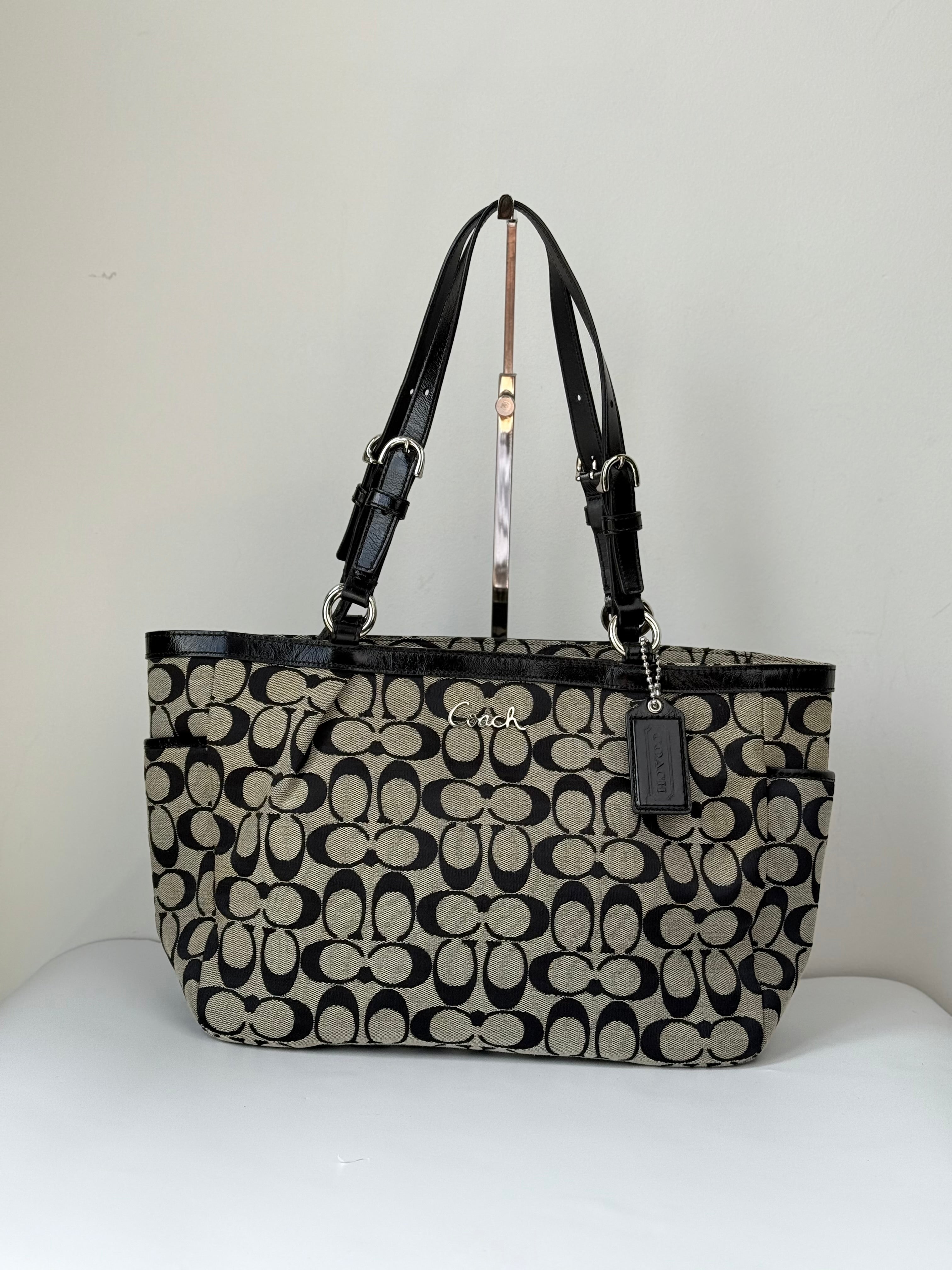 Vintage Coach Gallery Signature Tote Bag Grey & Black Coach Canvas Shoulder Bag 90s 00s Y2K