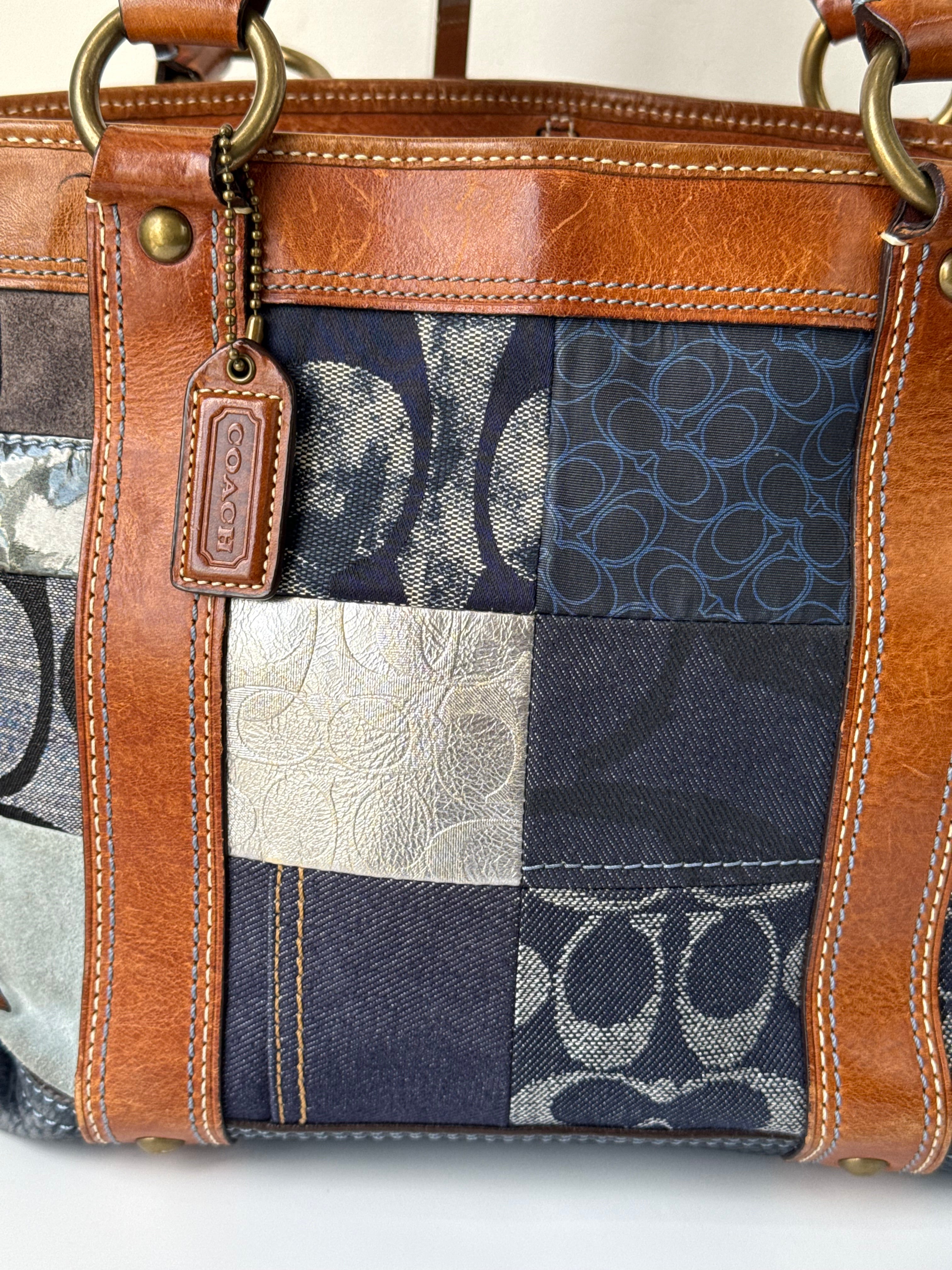 Vintage Coach Blue Denim Patchwork Tote Bag Coach Signature Leather Handbag 00s Y2K