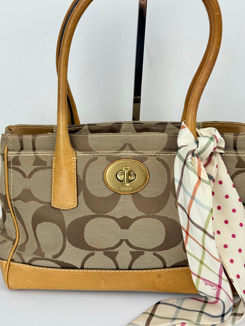 Vintage Coach Hampton Tote Bag Brown and Tan Coach Signature Monogram HandBag with Scarf 90s 00s Y2K Shoulder Bag