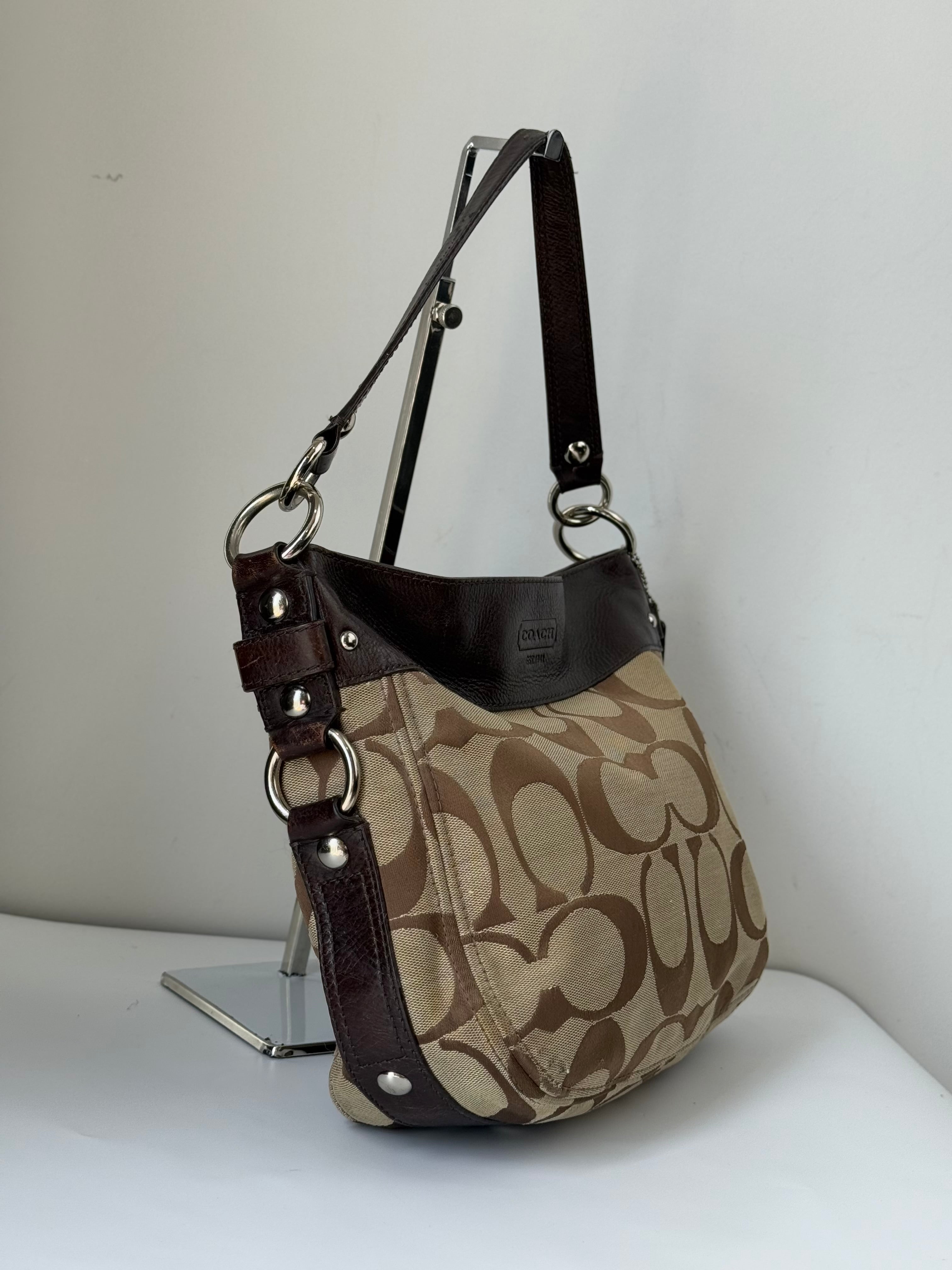 Vintage Coach Zoe Signature Bag Brown Khaki/Mahogany Canvas Shoulder Bag 00s Y2K
