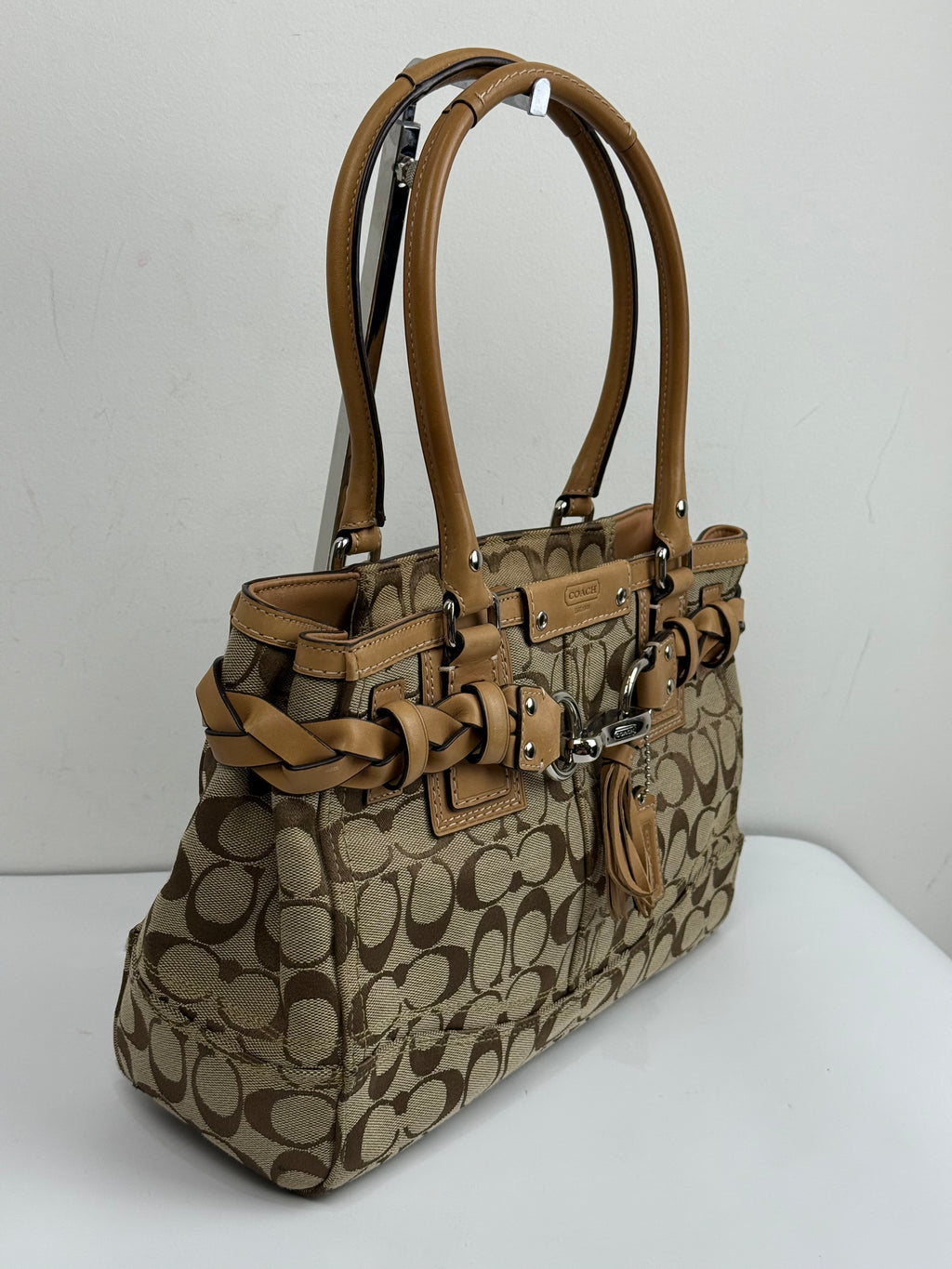 Vintage Coach Hampton Brown/Beige Signature Canvas HandBag Braided Leather 00s Y2K