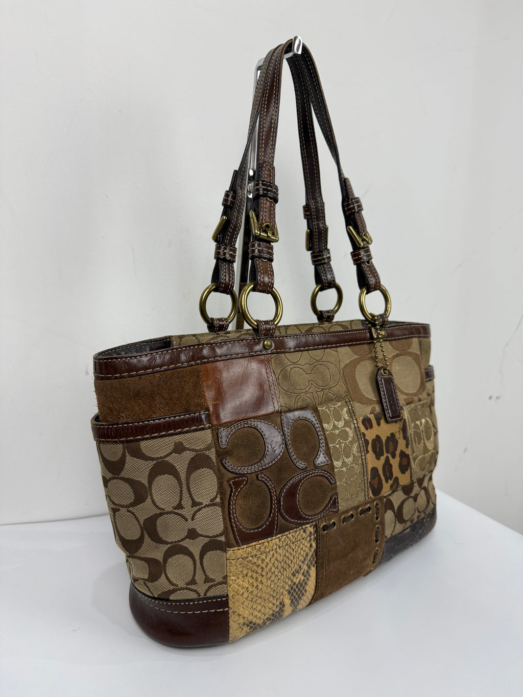 Vintage Coach Patchwork Shoulder Bag Brown Signature Canvas Handbag 00s Y2K