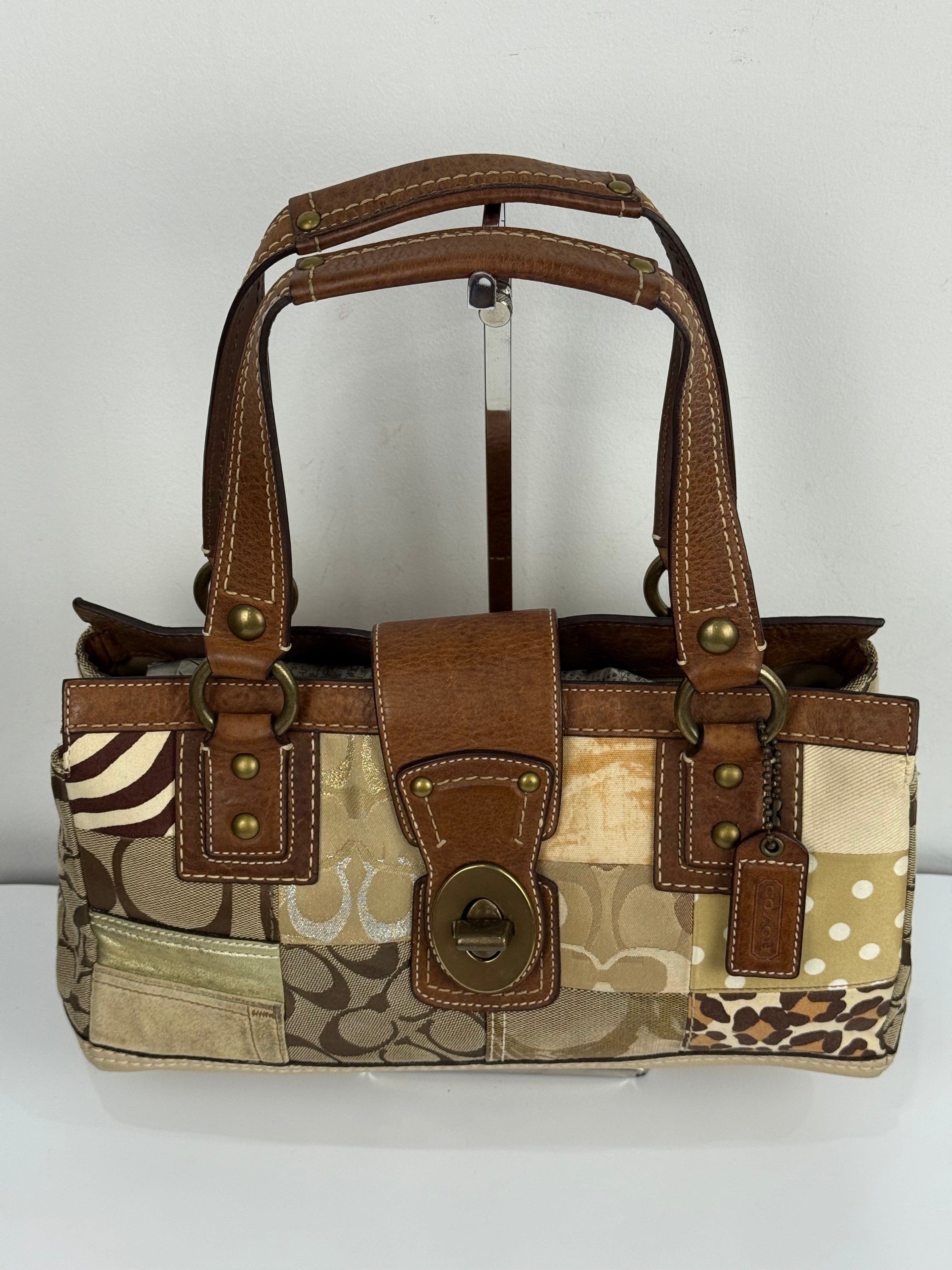 Vintage Coach Brown/Beige Patchwork TurnLock Handbag Coach Y2K Leather Bag