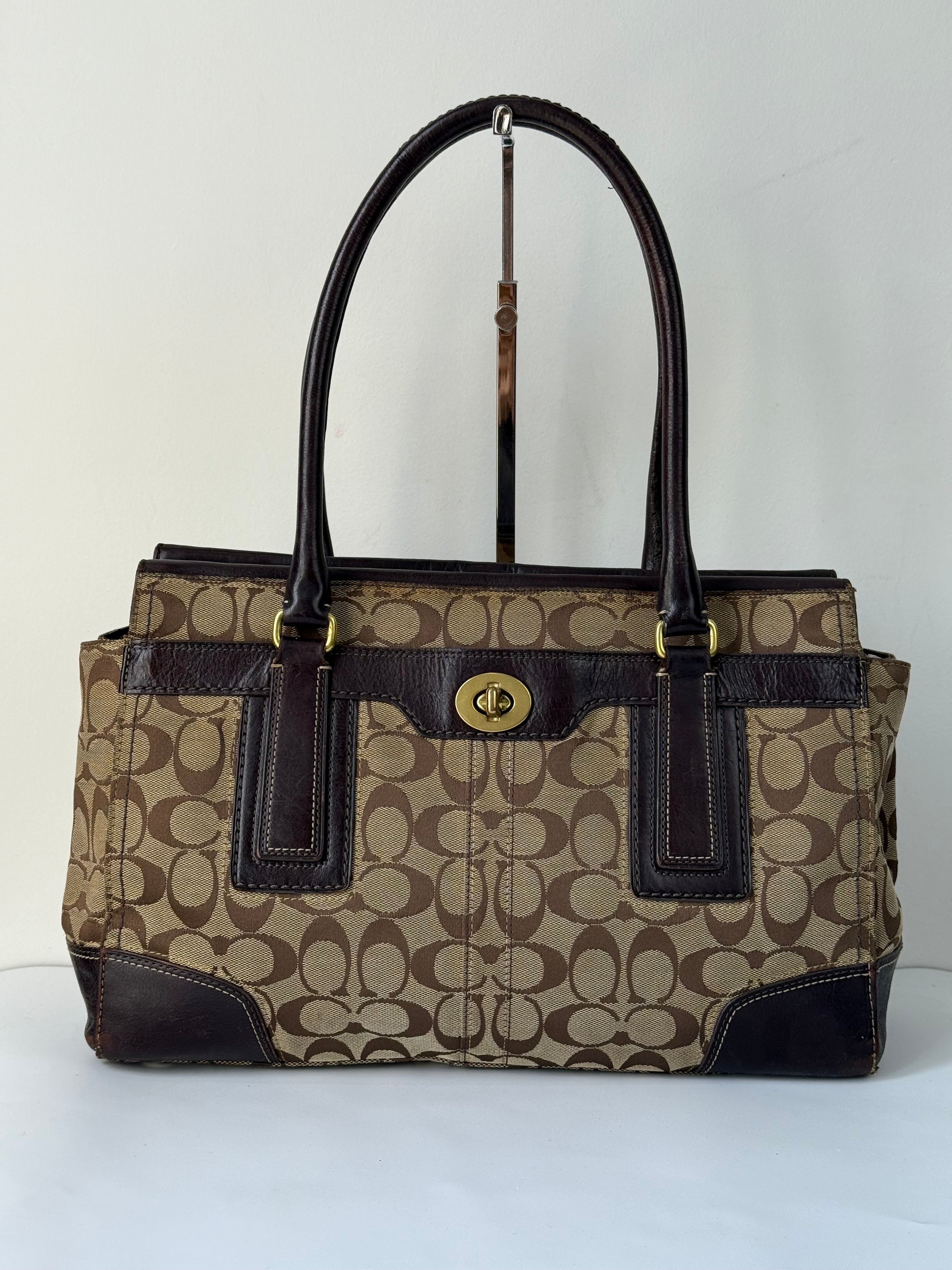 Vintage Coach Hampton Tote Bag Brown & Beige Signature Shoulder Bag 00s Y2K Handbag