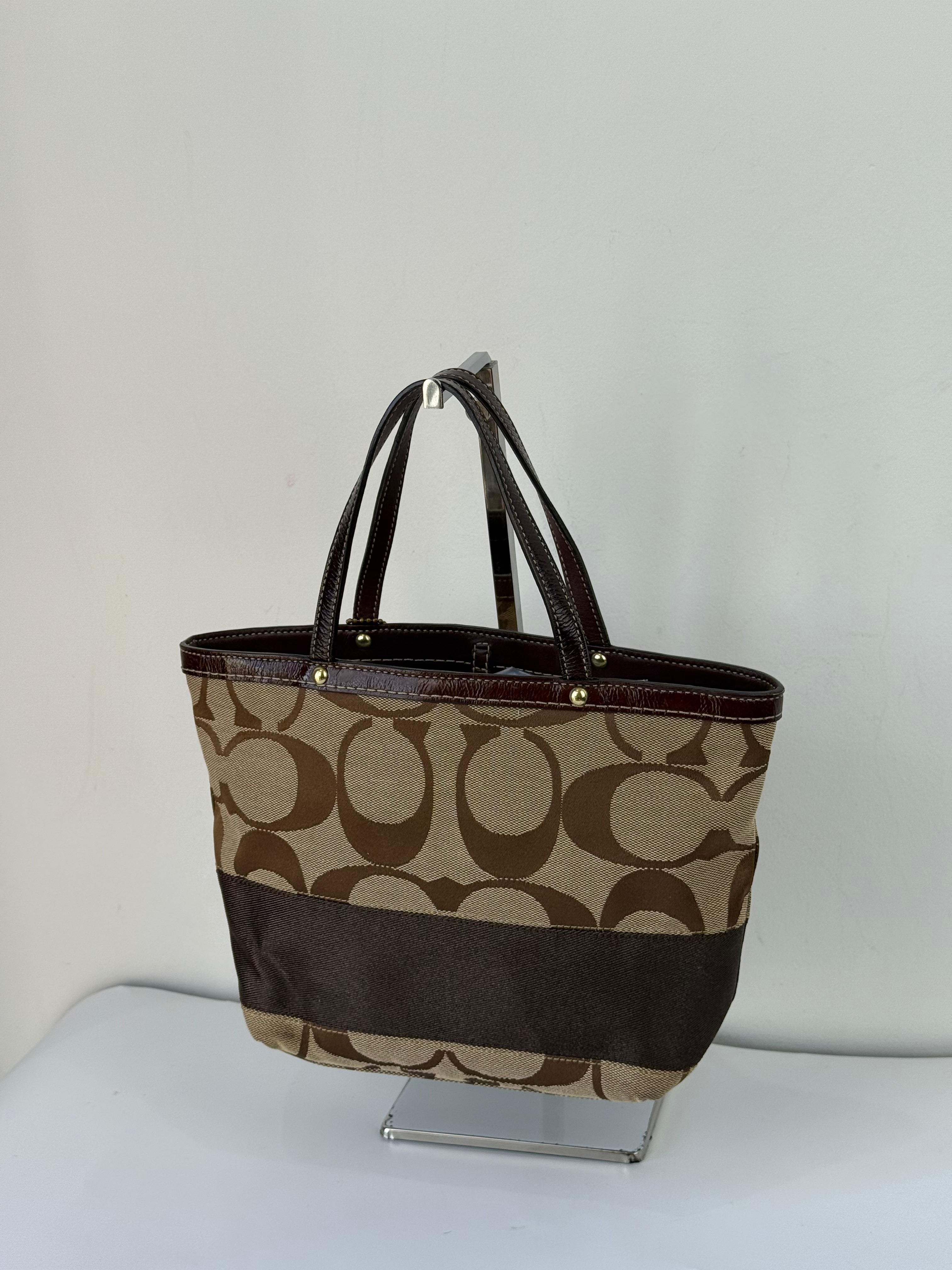 Vintage Coach Mini Tote Bag Brown Signature Canvas Handbag 00s Y2K