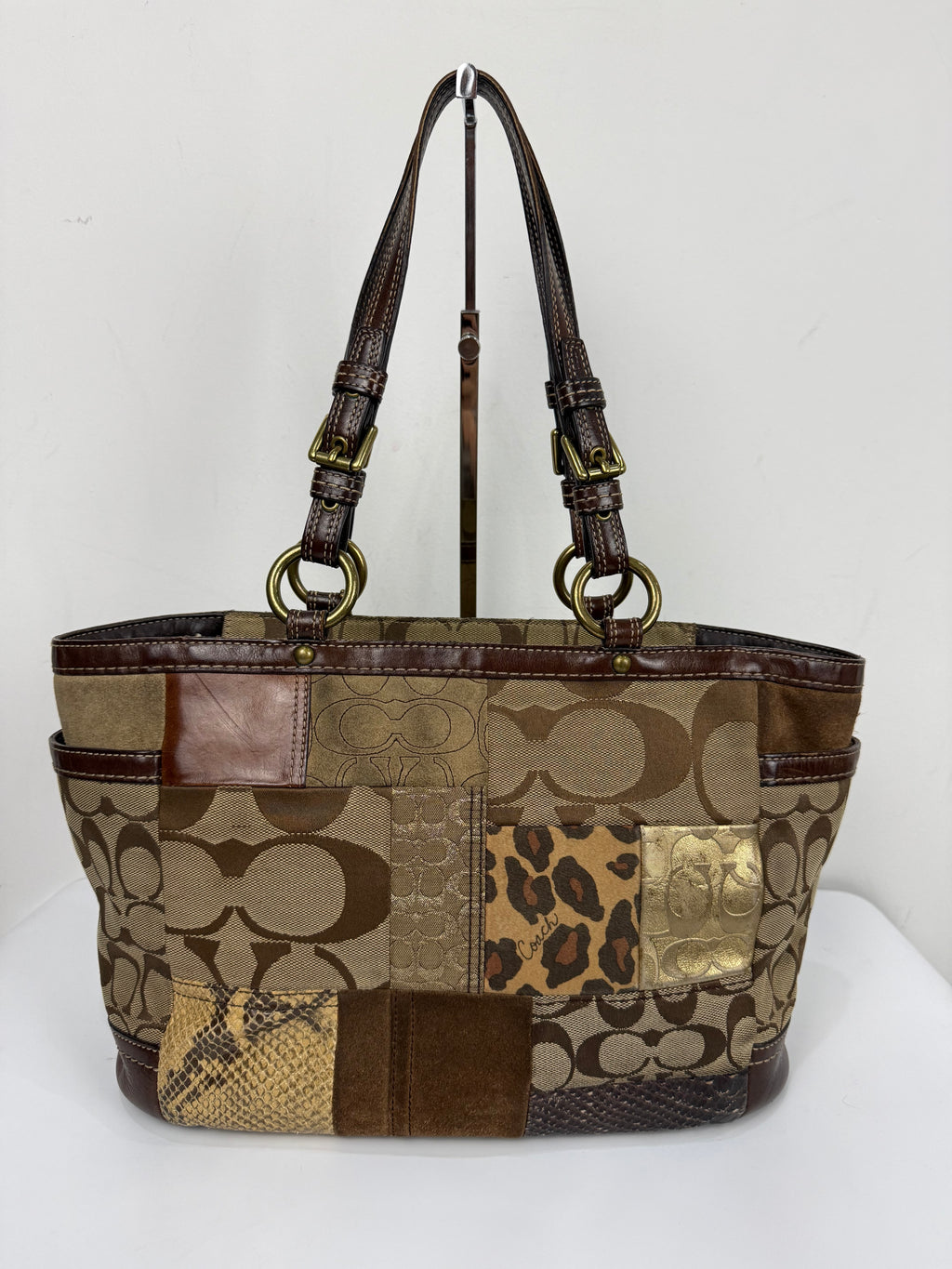 Vintage Coach Patchwork Shoulder Bag Brown Signature Canvas Handbag 00s Y2K