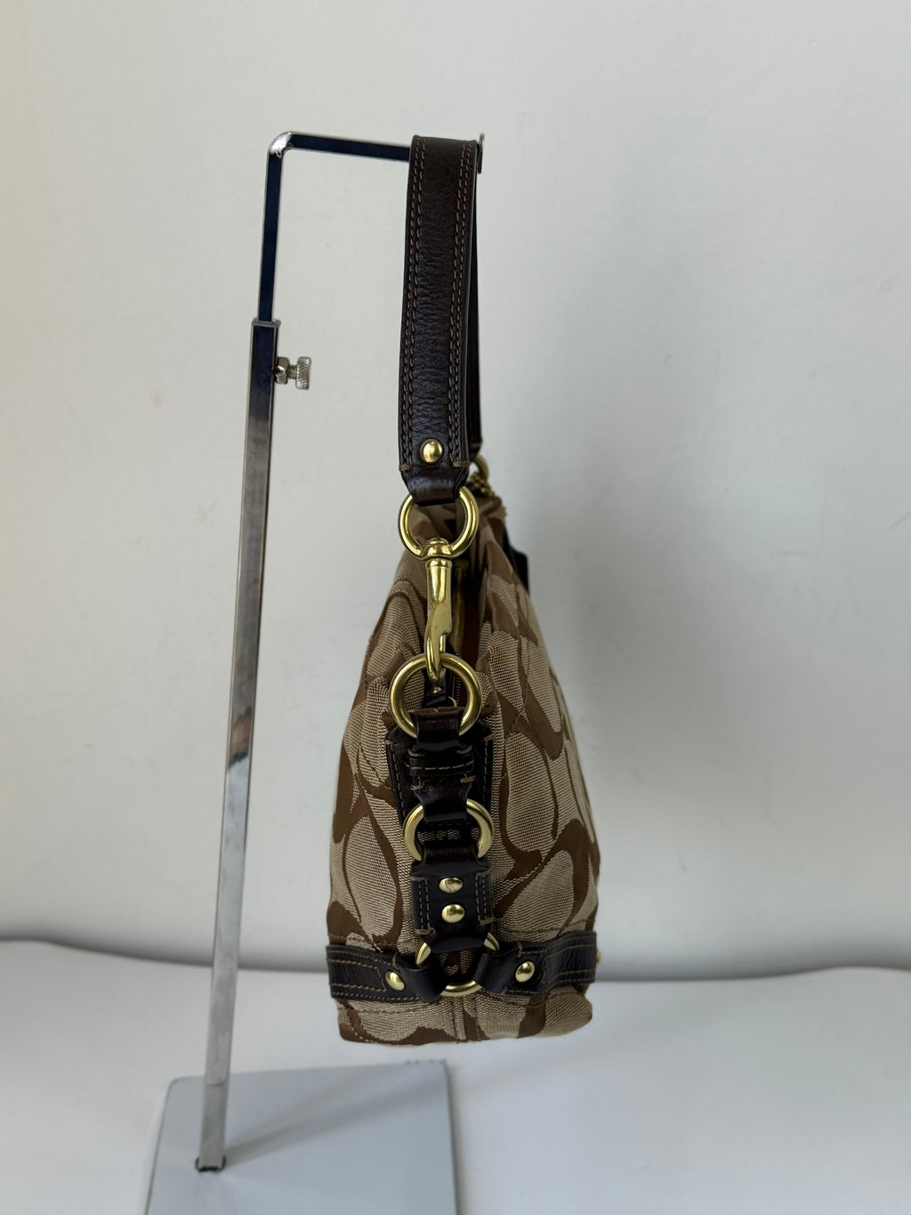 Vintage Coach Mini Carly Shoulder Bag Brown & Beige Signature Hobo Handbag 00s Y2K