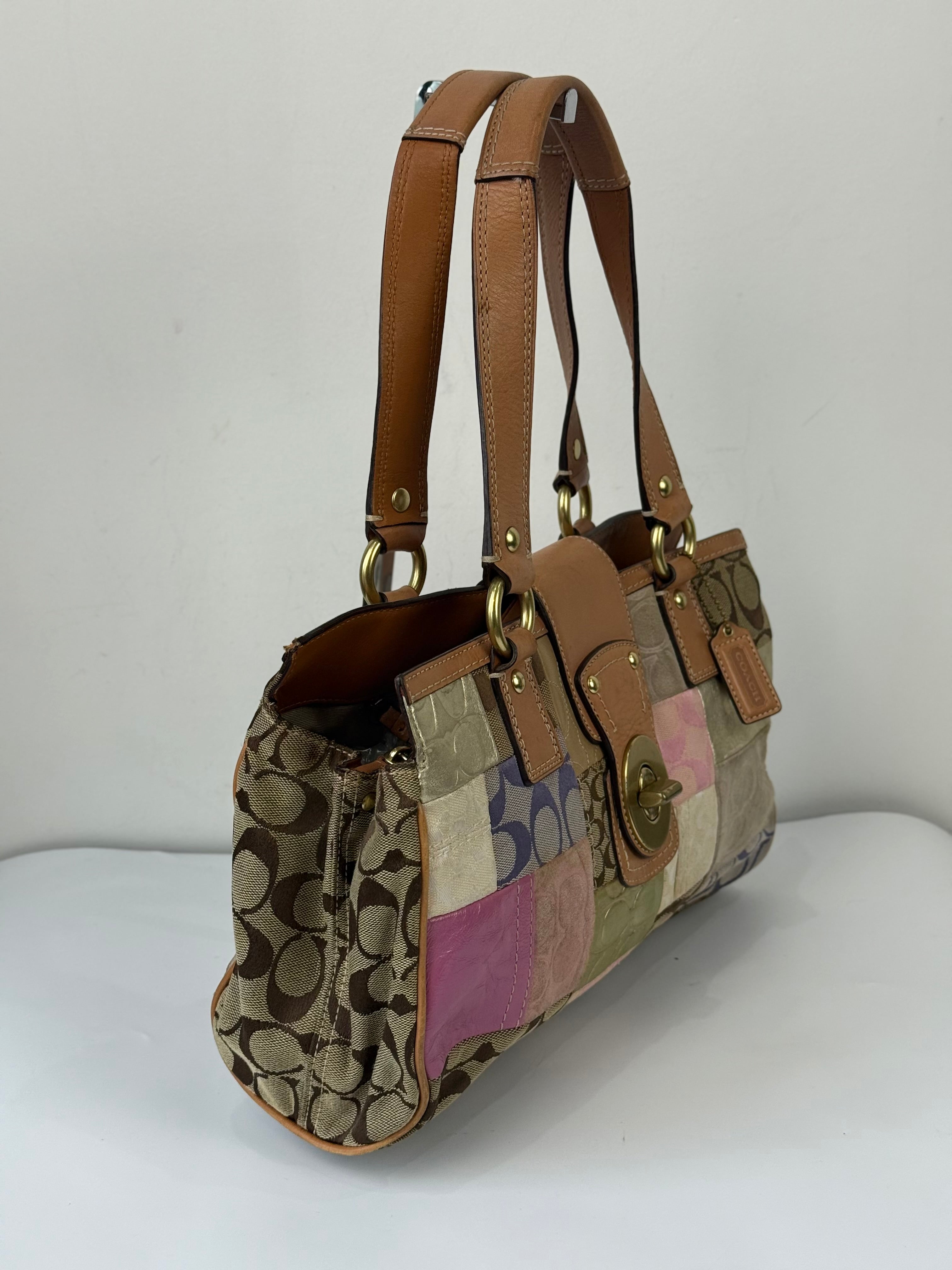 Vintage Coach Multicolour Patchwork Tote Bag Coach TurnLock Handbag 00s Y2K