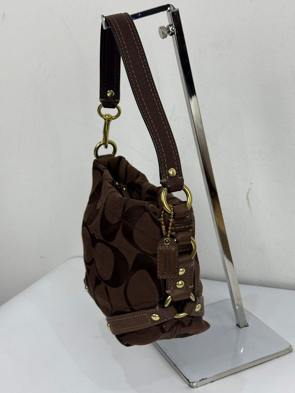 Vintage Coach Mini Carly Shoulder Bag Dark Brown Signature Handbag 00s Y2K