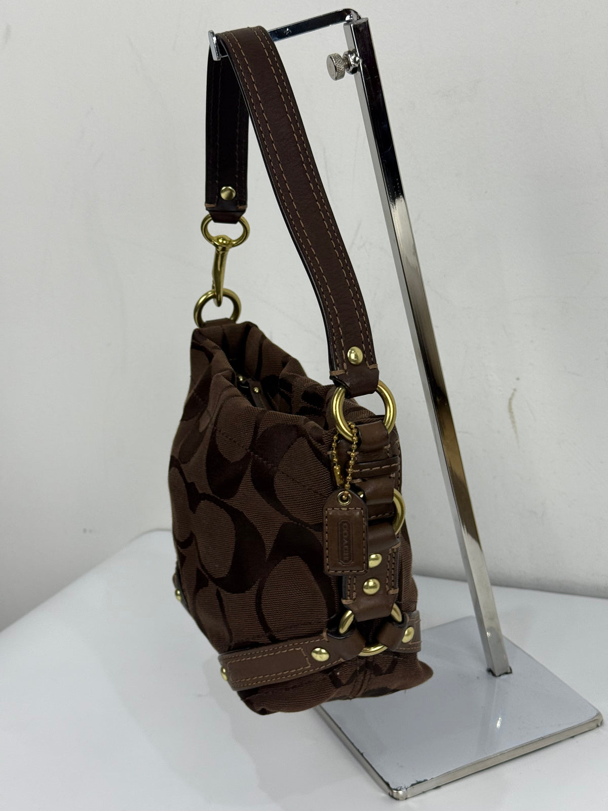 Vintage Coach Mini Carly Shoulder Bag Dark Brown Signature Handbag 00s Y2K