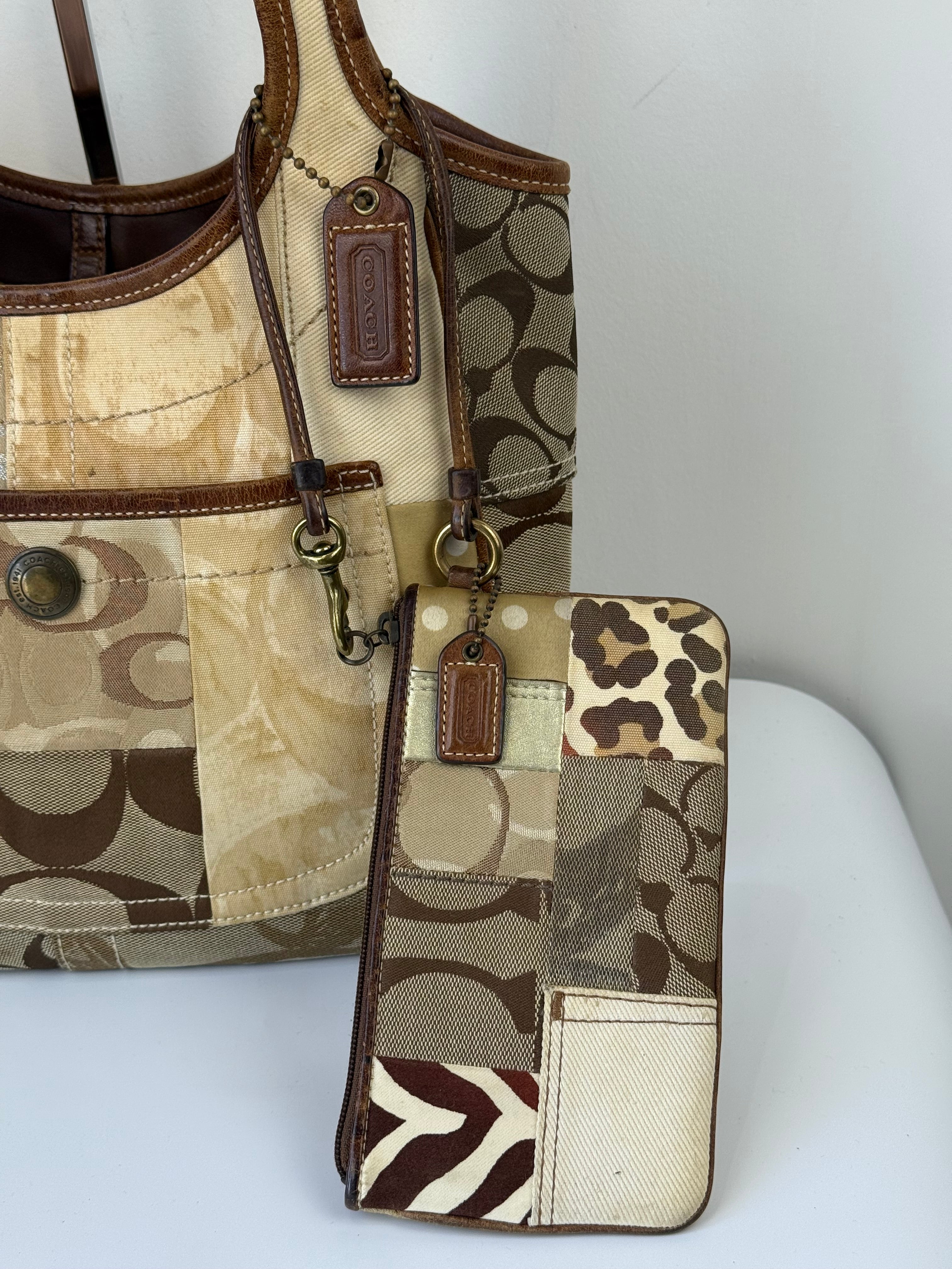 Vintage Coach Ergo Patchwork Tote Bag Bag Brown Signature Canvas Handbag with Coin Purse 00s Y2K