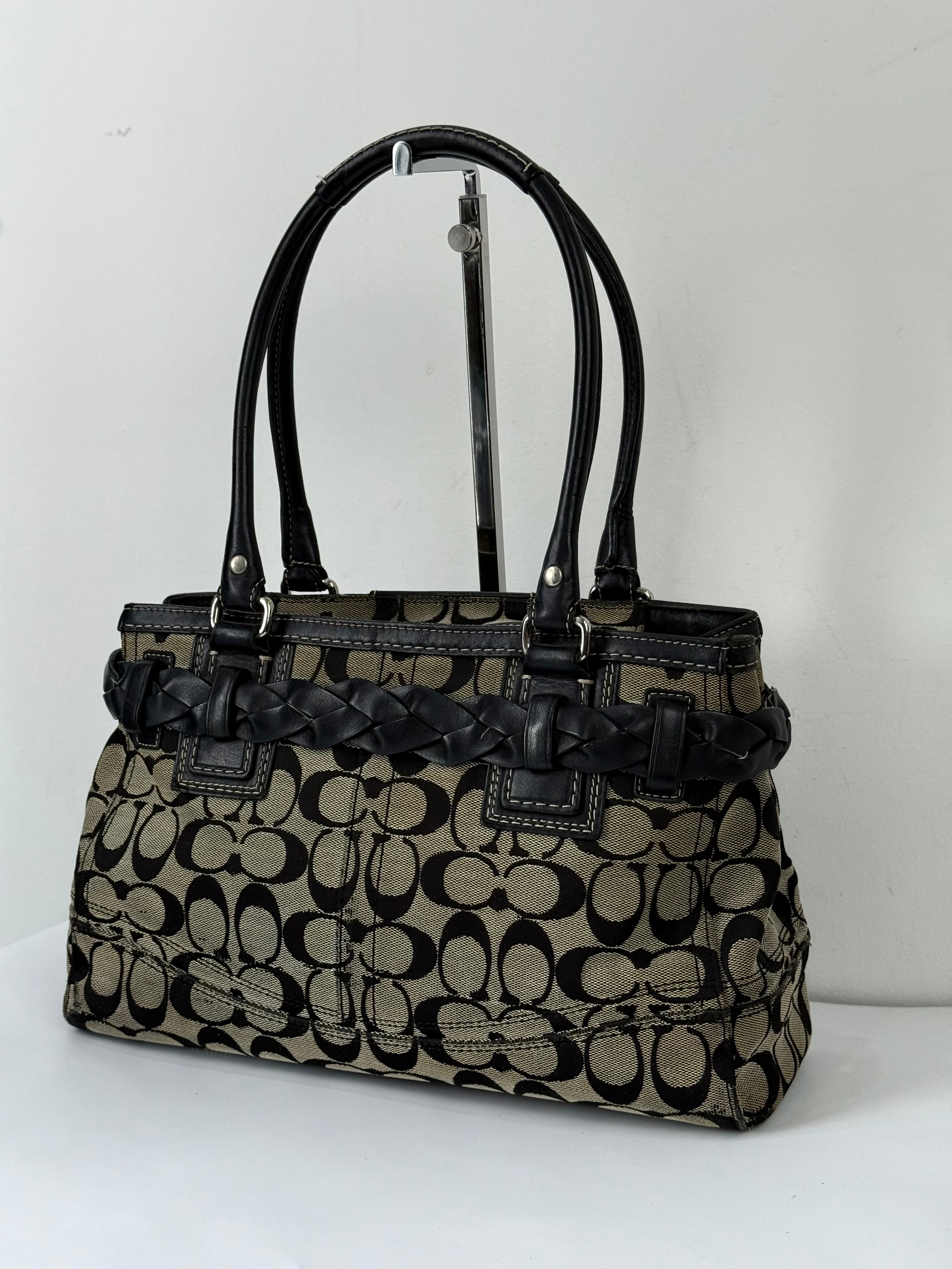 Vintage Coach Hampton Signature Tote Bag Grey and Black Coach Canvas HandBag 00s Y2K