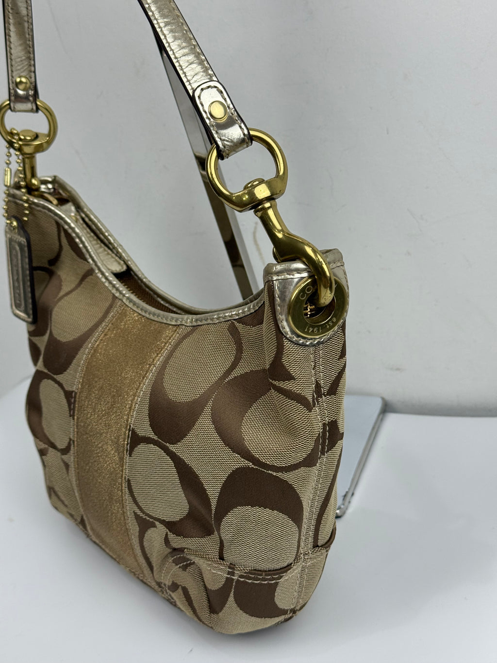 Vintage Coach Hobo Bag Beige/Brown Signature Stripe Shoulder Bag 00s Y2K