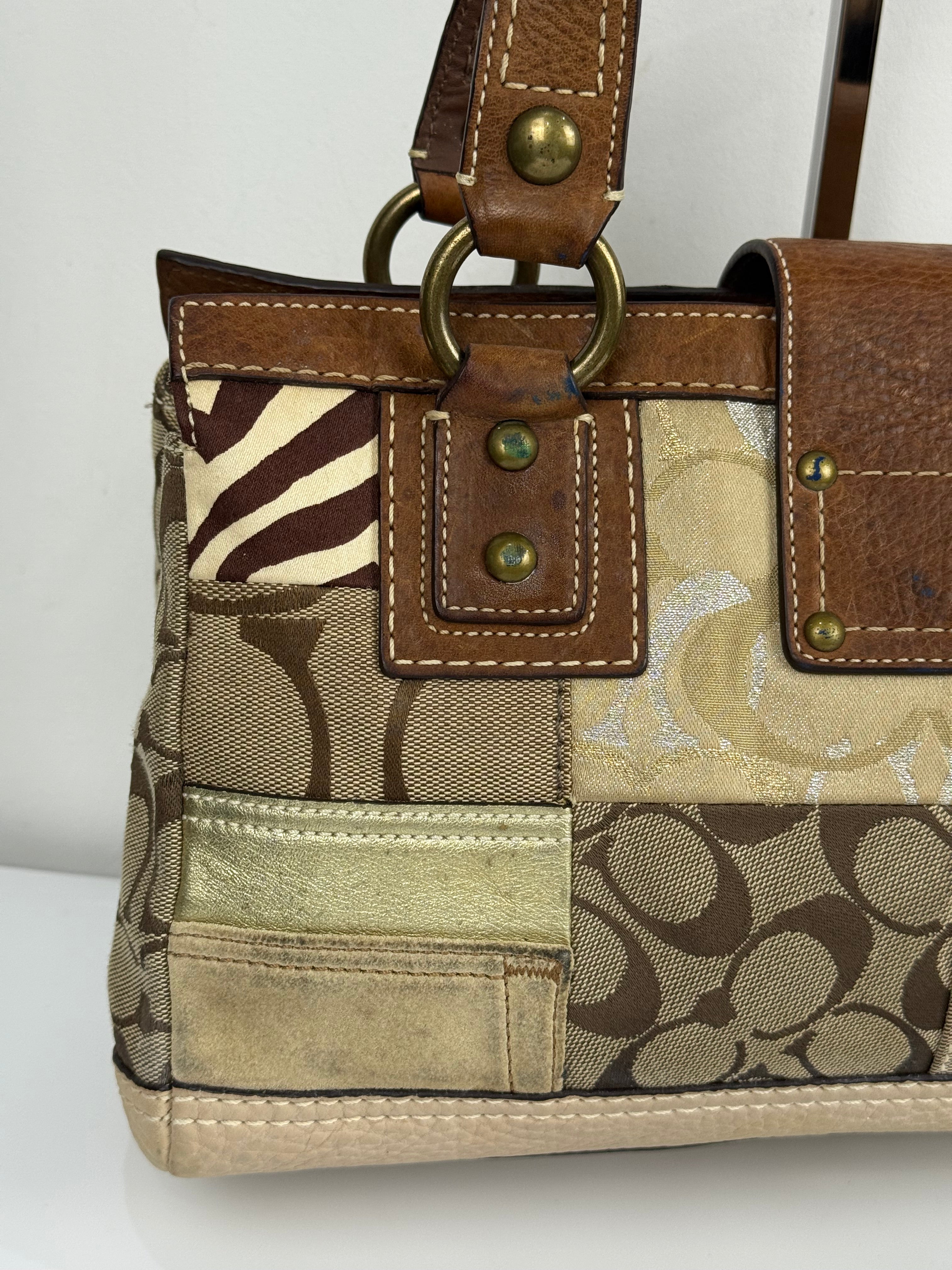 Vintage Coach Brown/Beige Patchwork TurnLock Handbag Coach Y2K Leather Bag