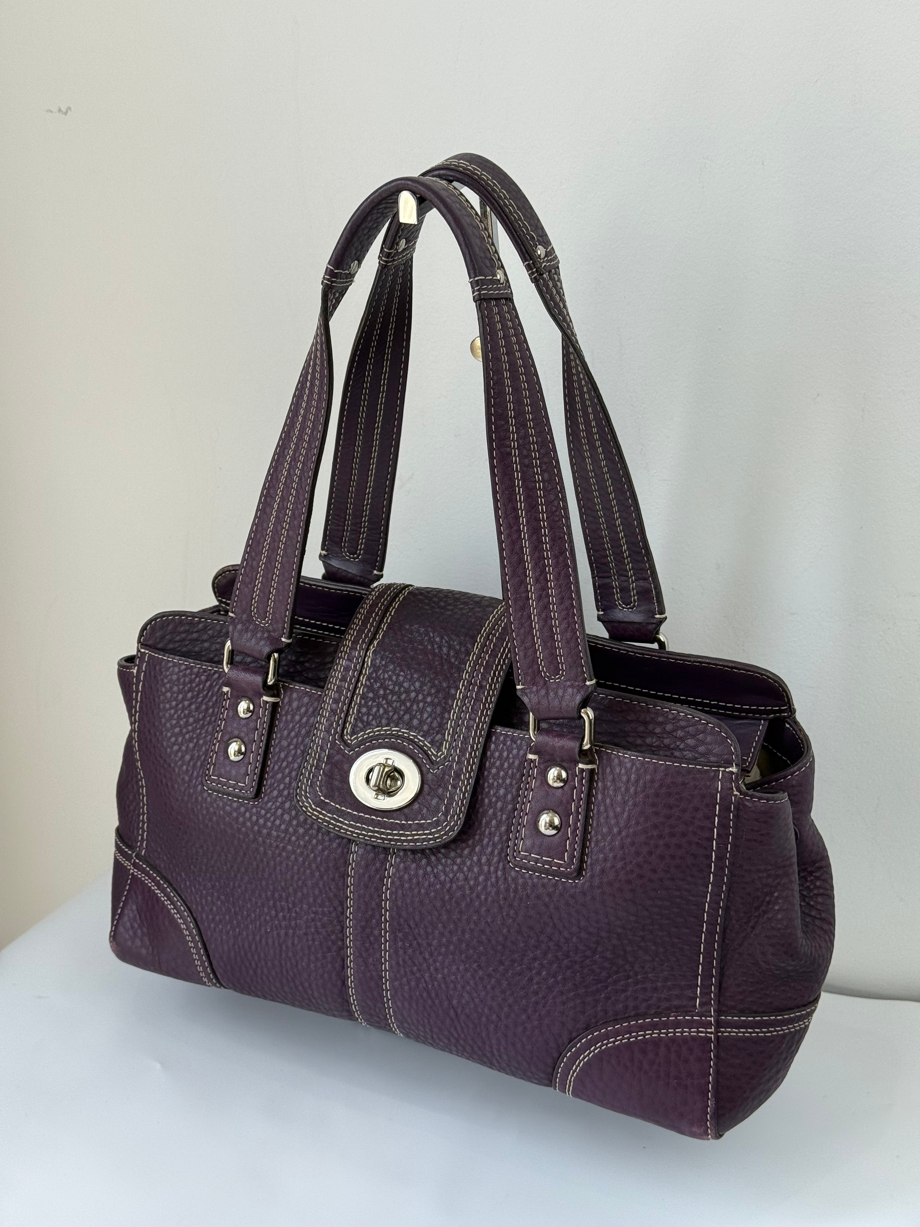 Vintage Coach Hampton Satchel Bag Purple Pebble Leather Shoulder Bag 00s Y2K