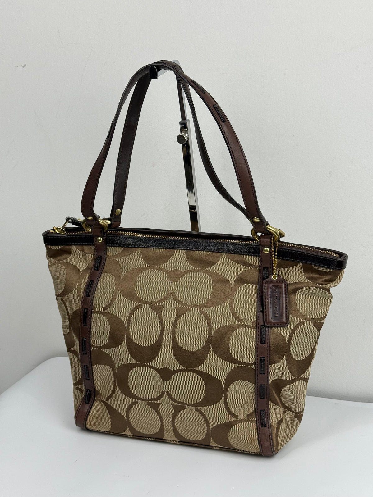 Vintage Coach Signature Zip-Top Tote Bag Brown/Beige Canvas Handbag 00s Y2K
