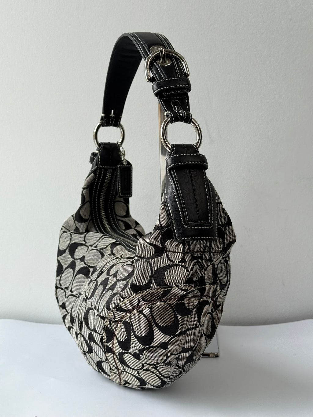 Vintage Coach Signature Hobo Bag Grey Black Canvas Leather Shoulder Bag 00s Y2K