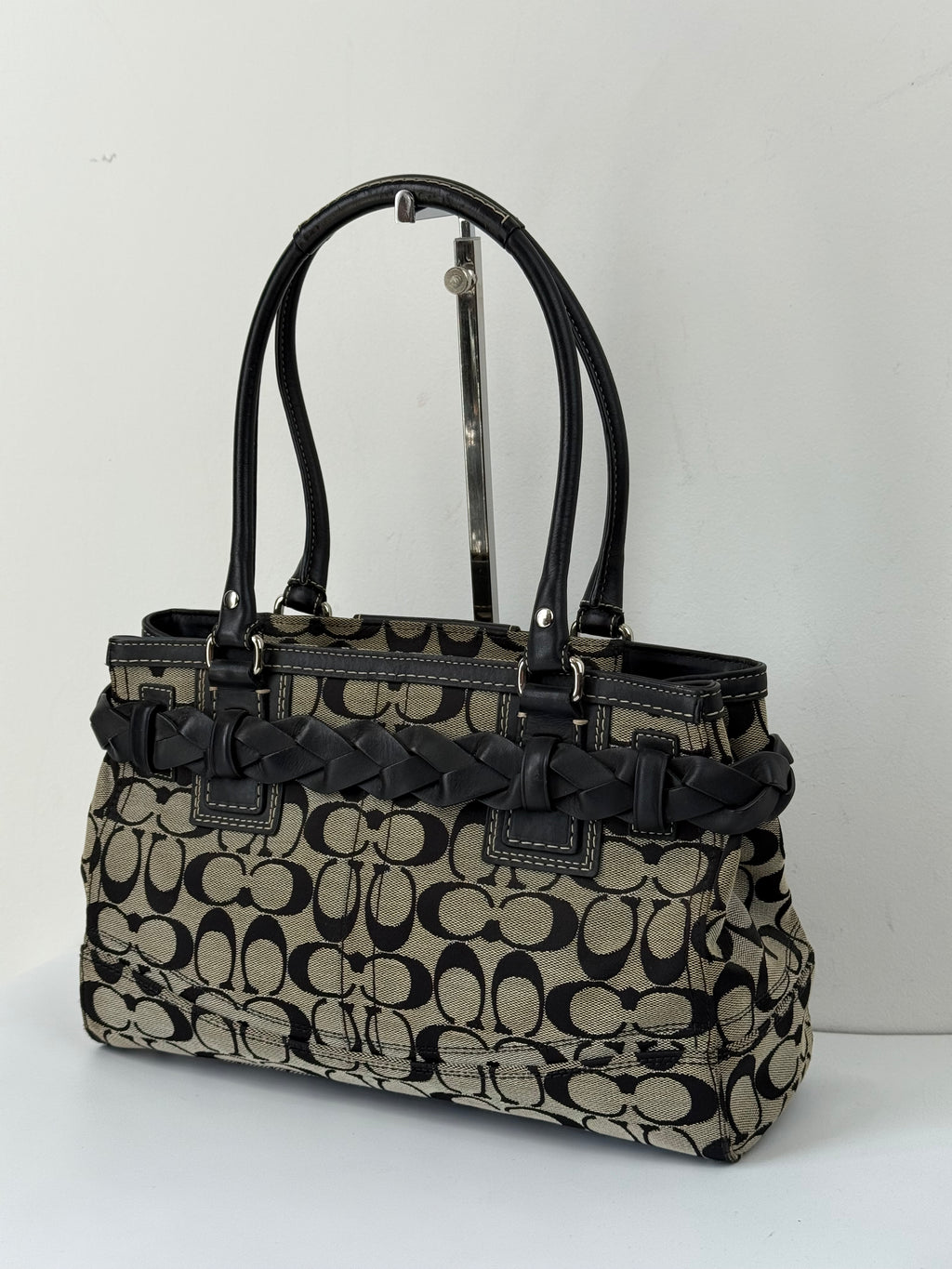 Vintage Coach Hampton Signature Tote Bag Grey and Black Coach Canvas HandBag 00s Y2K