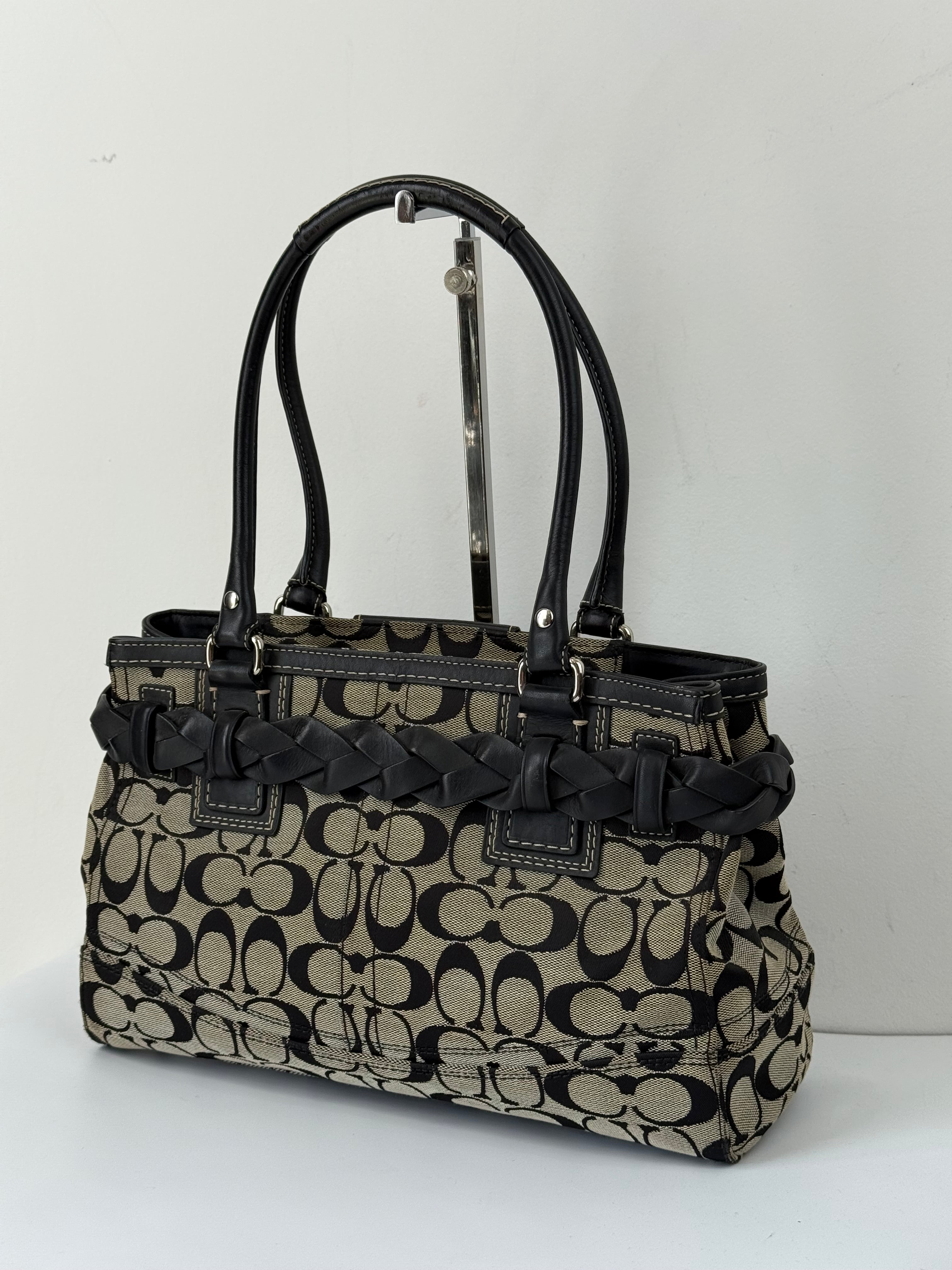 Vintage Coach Hampton Signature Tote Bag Grey and Black Coach Canvas HandBag 00s Y2K