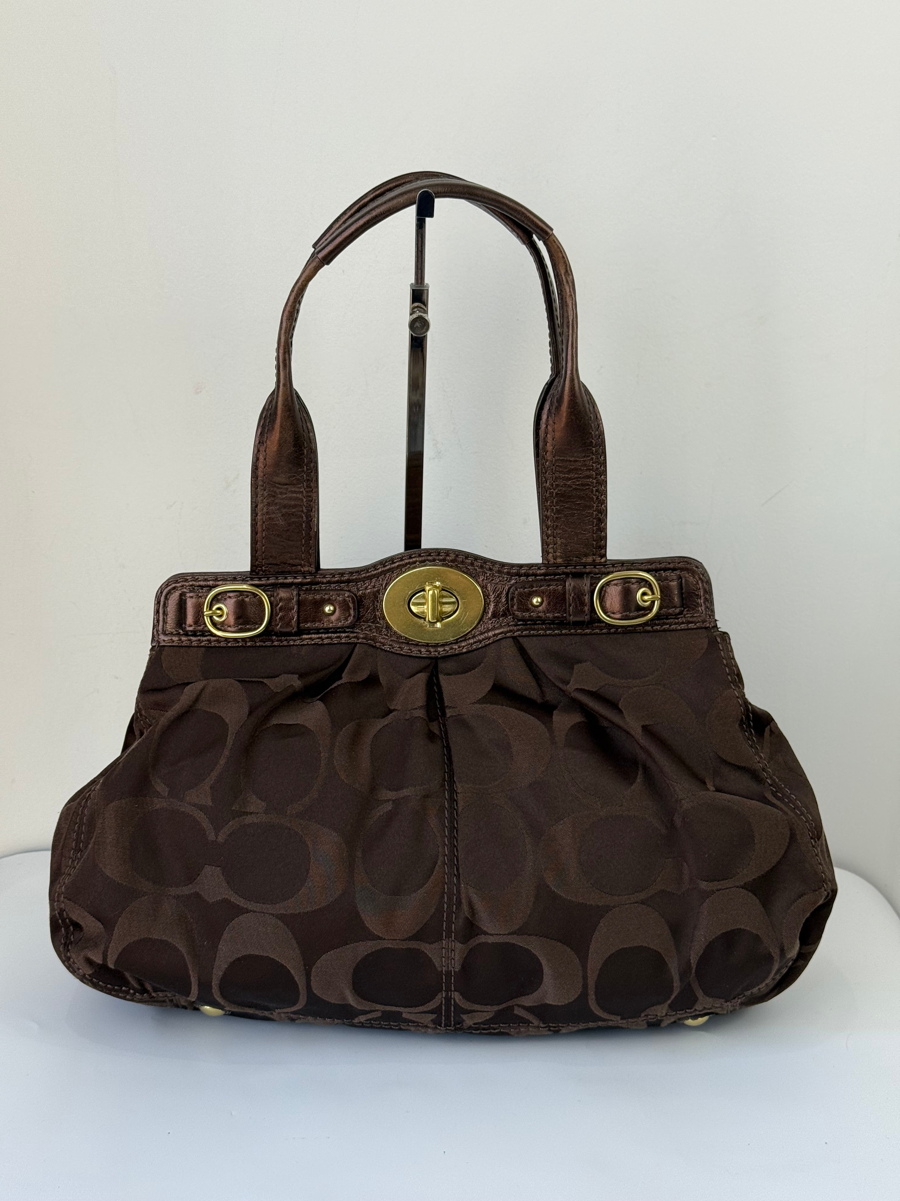 Vintage Coach Satin Pleeted TurnLock  Satchel Bag Brown Signature Coach Handbag 00s Y2K