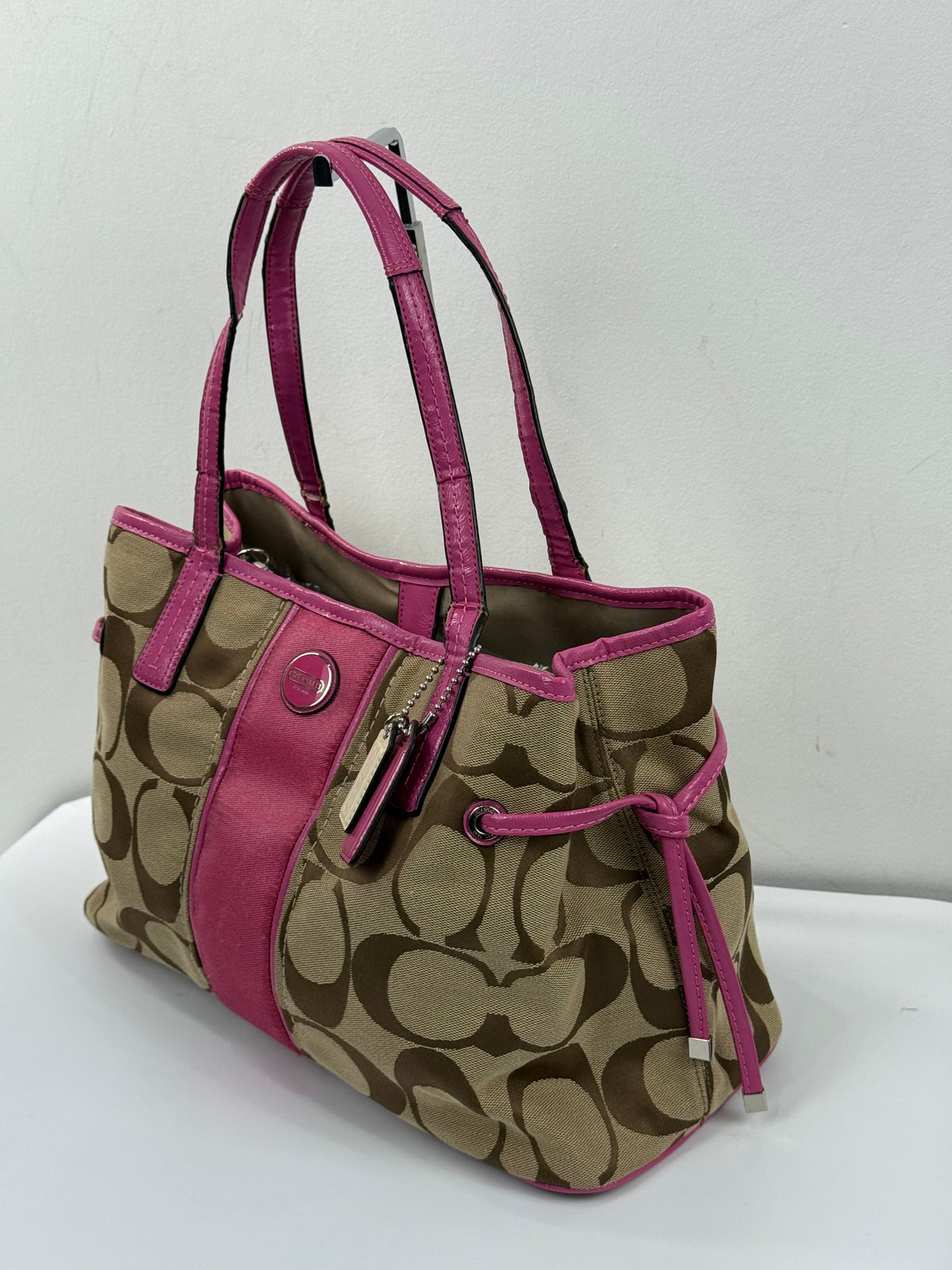 Vintage Coach Signature Stripe Carryall Tote Bag Beige Brown Coach Canvas with Pink Leather HandBag 00s Y2K