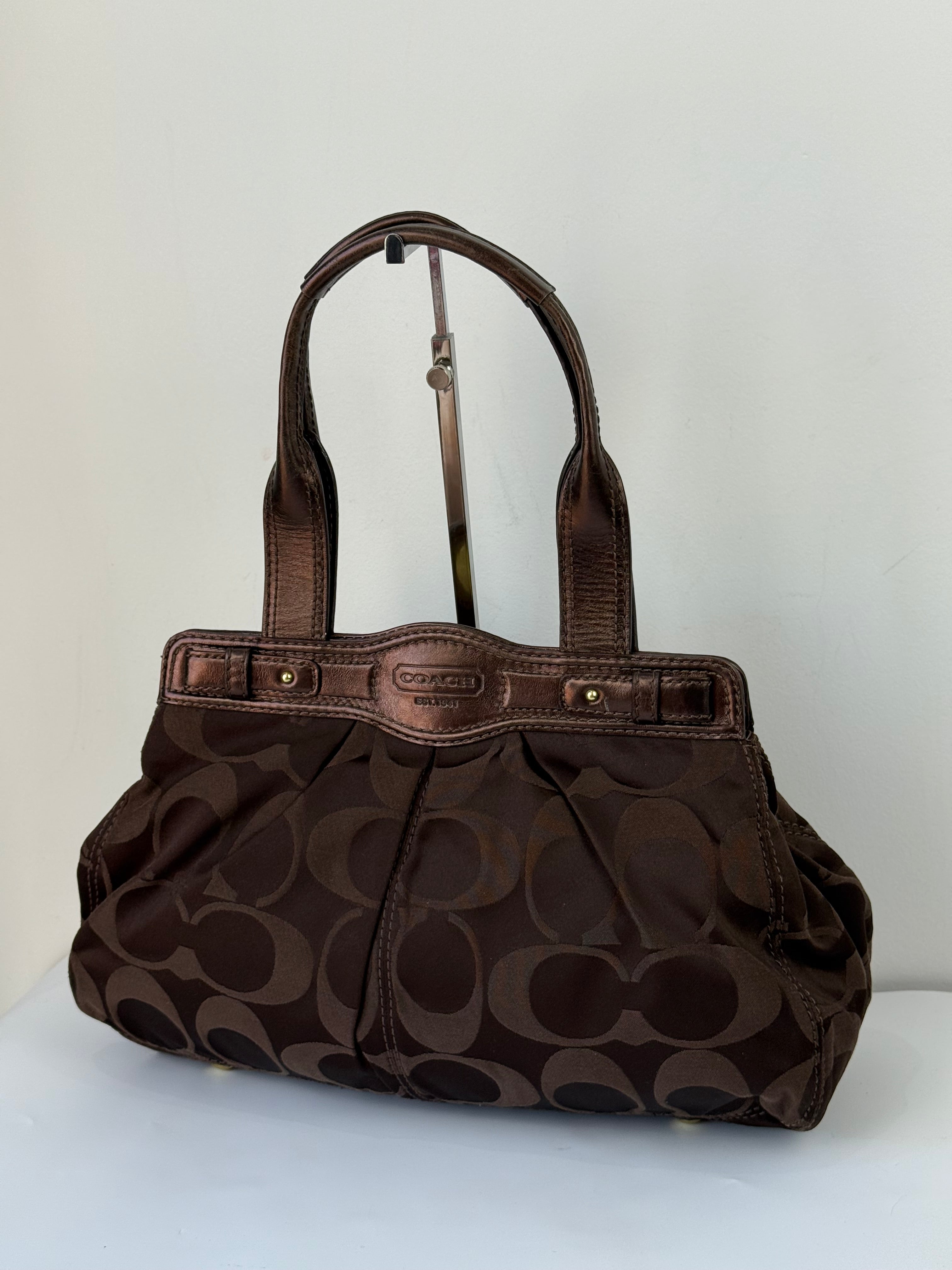 Vintage Coach Satin Pleeted TurnLock  Satchel Bag Brown Signature Coach Handbag 00s Y2K