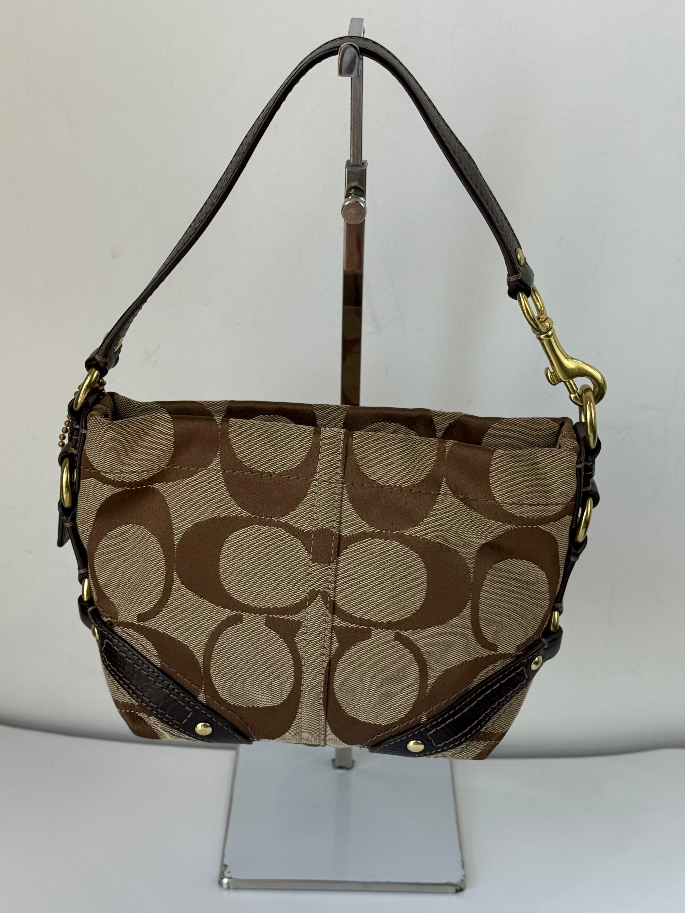 Vintage Coach Mini Carly Shoulder Bag Brown & Beige Signature Hobo Handbag 00s Y2K